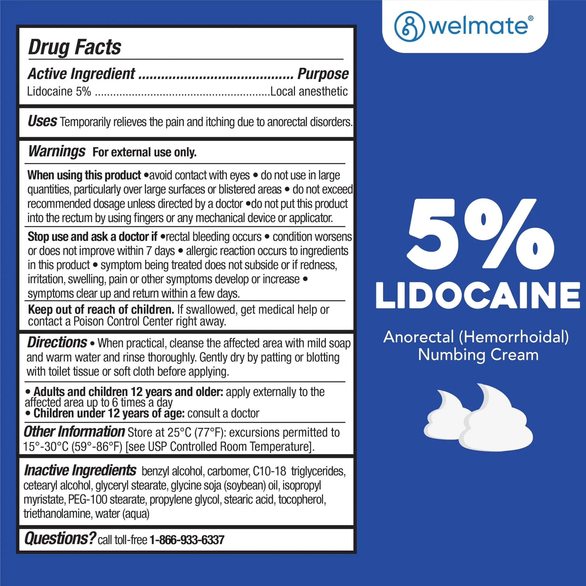WELMATE 5% Lidocaine Cream for Hemorrhoids – Fast-Acting Lidocaine Numbing Cream & Topical Analgesic Cream for Anorectal Itch Relief, Unscented, Child Resistant Packaging 2 oz (60g) WELMATE uk supplements