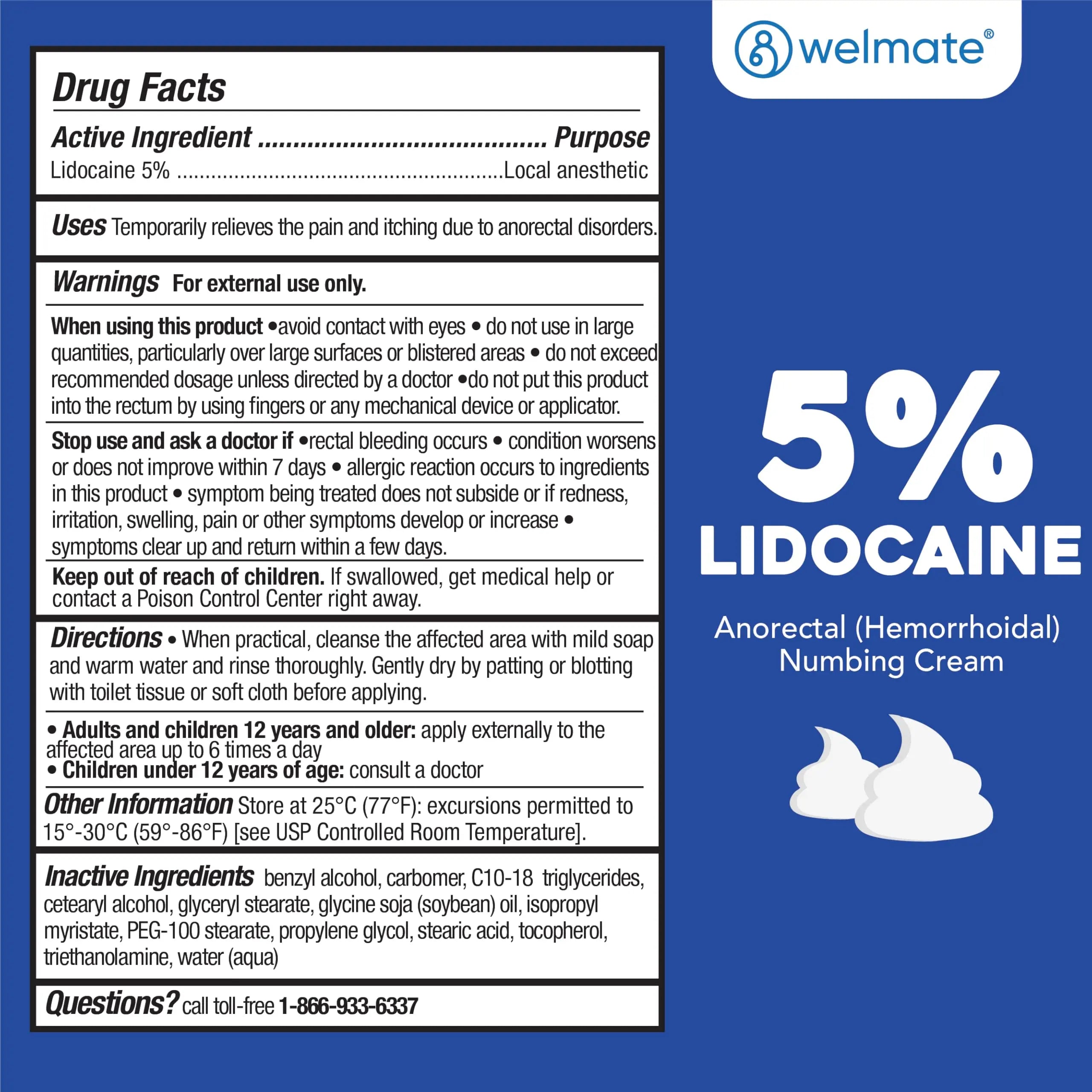 WELMATE 5% Lidocaine Cream for Hemorrhoids – Fast-Acting Lidocaine Numbing Cream & Topical Analgesic Cream for Anorectal Itch Relief, Unscented, Child Resistant Packaging 2 oz (60g) WELMATE uk supplements