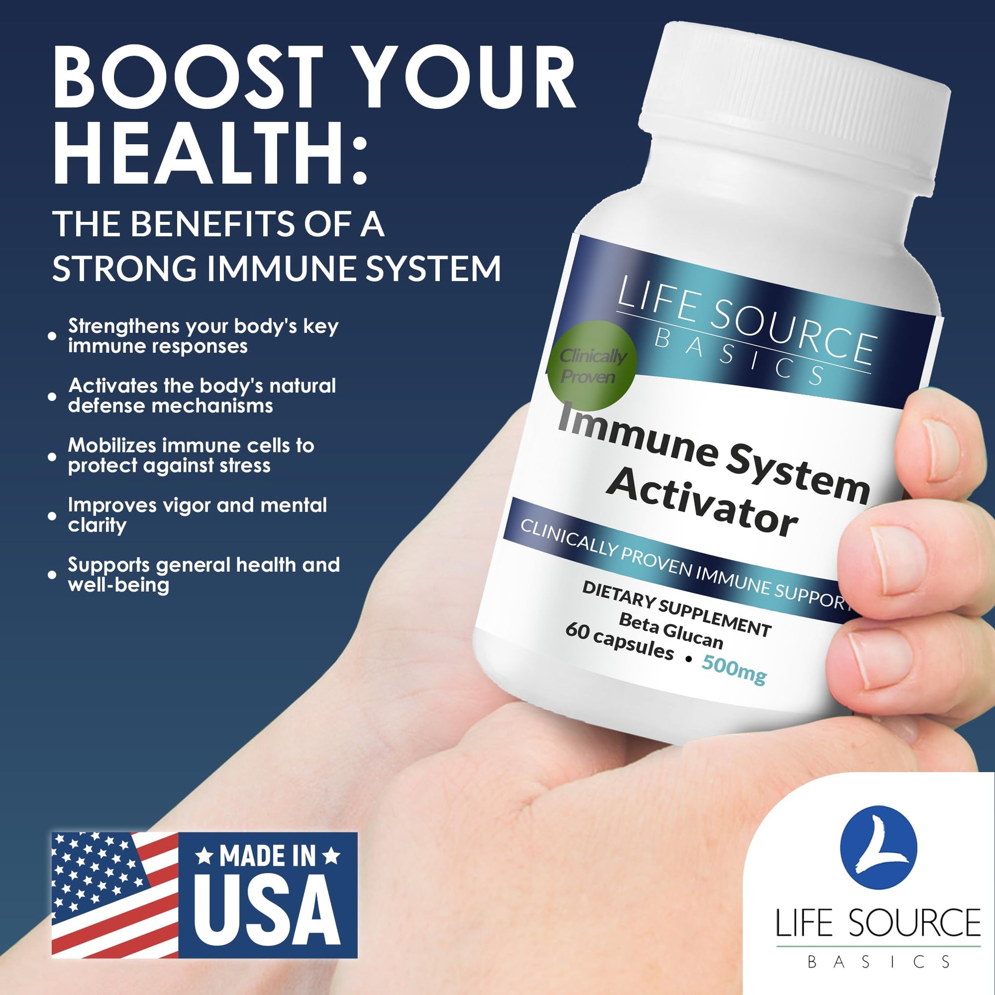 Life Source Basics Immune System Support Activator - High Purity Beta 1,3/1,6 Glucan - Immunity and Vitamin Supplement Non-GMO & Vegan Friendly for Men & Women, Gluten-Free 500 mg - 60 Capsules L LIFE SOURCE BASICS uk supplements