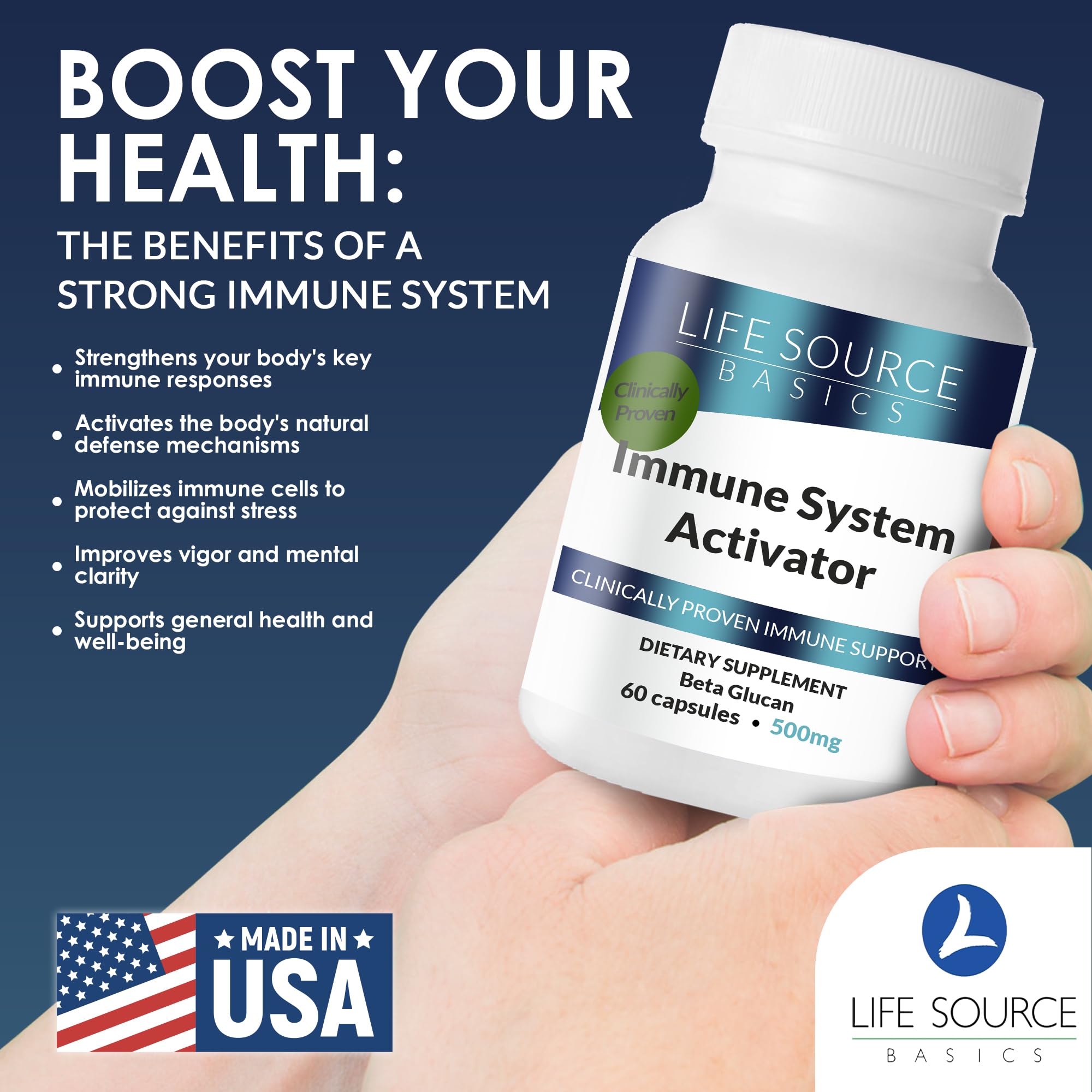 Life Source Basics Immune System Support Activator - High Purity Beta 1,3/1,6 Glucan - Immunity and Vitamin Supplement Non-GMO & Vegan Friendly for Men & Women, Gluten-Free 500 mg - 60 Capsules L LIFE SOURCE BASICS uk supplements