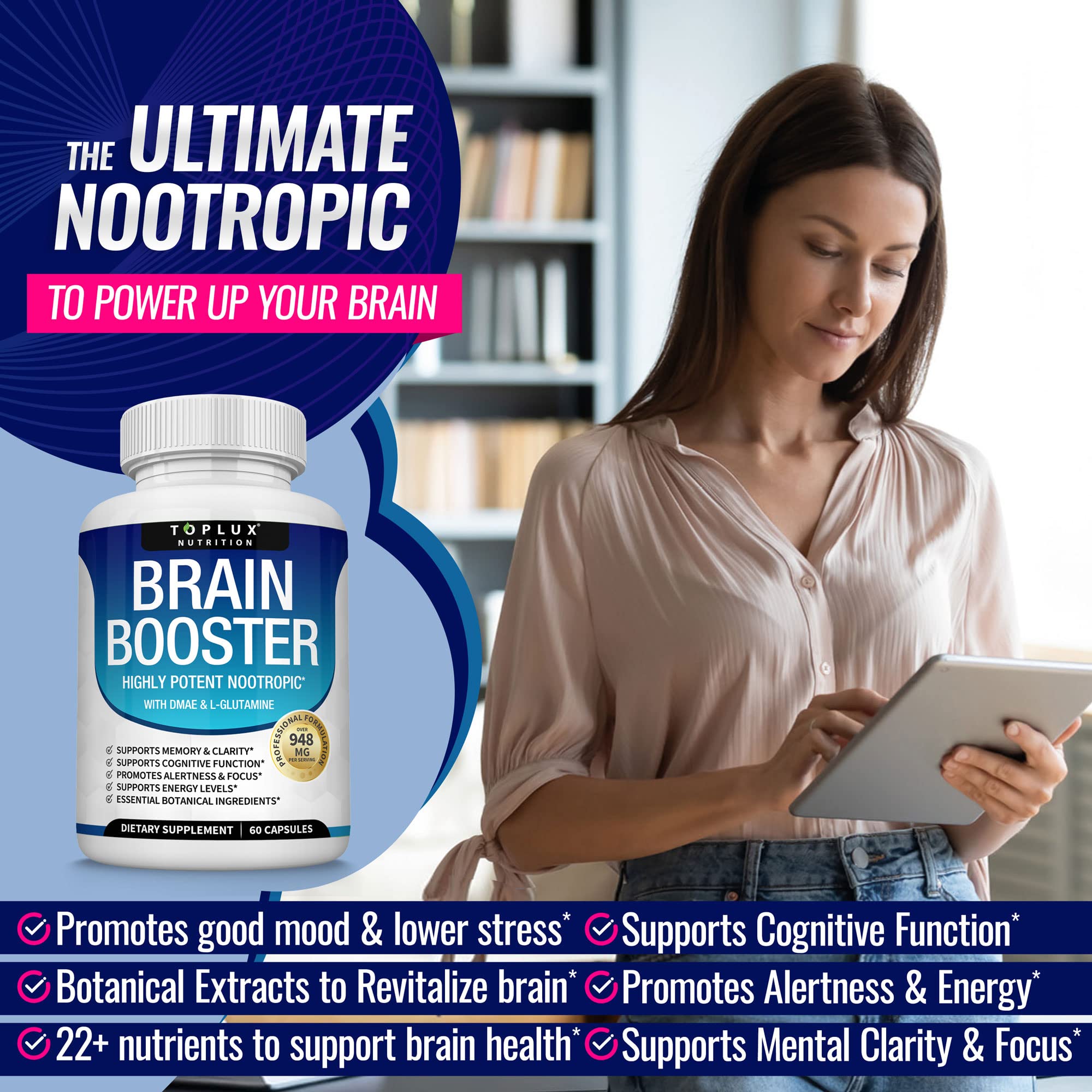Toplux Brain Supplement Nootropic – Brain Pills Vitamin with DMAE, Bacopa Monnieri, L-Gutamine, for Men Women, 60 Capsules, Nutrition Toplux uk supplements