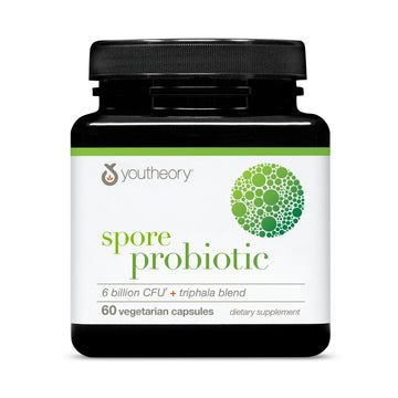 Youtheory Spore Probiotic - Helps Gut Health* - 6 Billion CFU with Prebiotics - Supports Regular Bowel Movement & Diarrhea Relief* - Shelf Stable - 60 Vegetarian Capsules (30-Day Supply) Youtheory uk supplements
