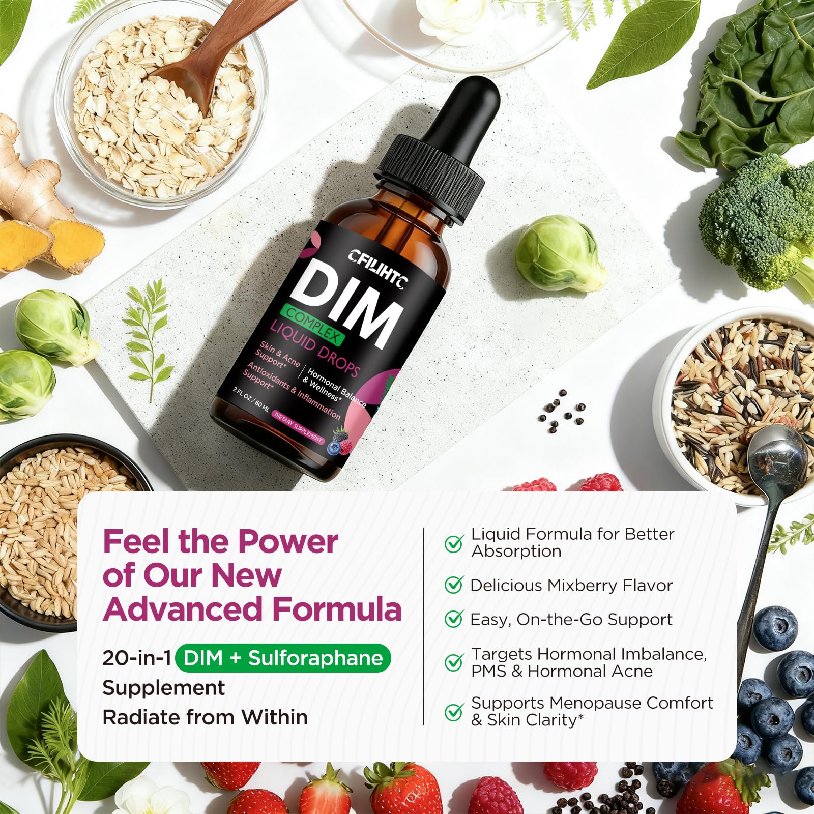 DIM Liquid Drops Supplement Women – Hormone Harmony for Women & Acne Supplements with Multivitamins, Inositol, Sulforaphane - Hormone Balance, Clear Skin & Mood Support, Mixed Berry Flavor 2 Fl Oz CFILIHTC uk supplements