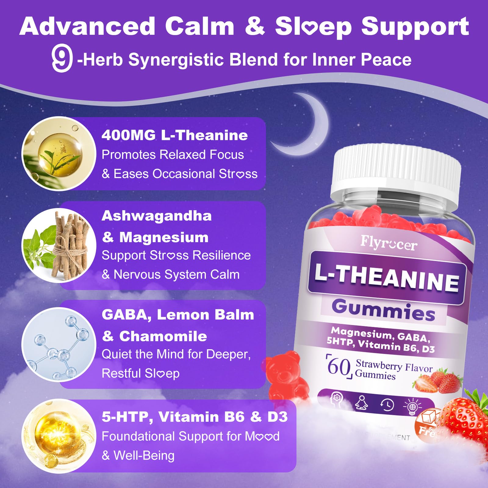Sugar Free L-Theanine Gummies, L Theanine Supplement for Adults & Kids, L'Theanine with Ashwagandha, Magnesium, 5HTP & GABA - Support Calm, Relax, zzZ, Focus, Vegan Strawberry Flavor, 60 Count Flyrocer uk supplements