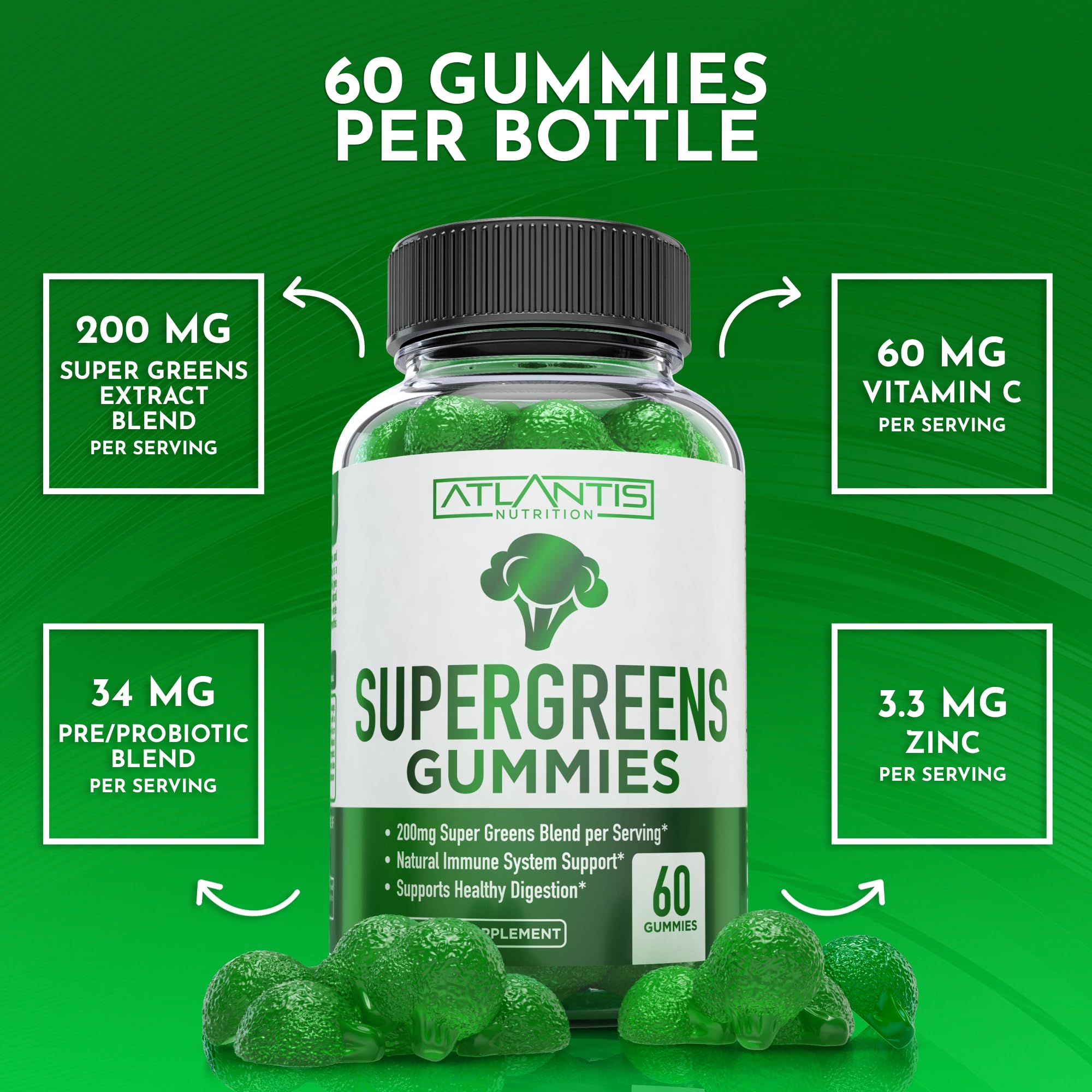 Atlantis Nutrition Supergreens Gummies - Daily Green Superfoods Supplement with Spinach, Broccoli, Moringa, Beet Root, Celery, Green Tea, & Acai for Immunity Support - Natural Raspberry Flavor, 60 cnt Atlantis Nutrition uk supplements
