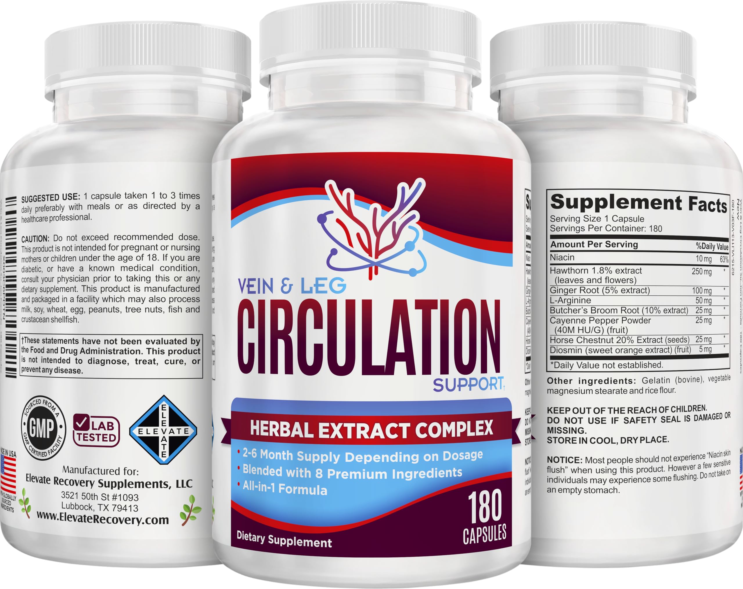 Vein & Leg Circulation (2-Month) Support Supplement with 8 Active Ingredients in 1 Formula | Leg + Vein | Blood Circulation Support Supplements | 60-Day Bulk Supply | 180 Capsules Elevate Recovery Supplements uk supplements