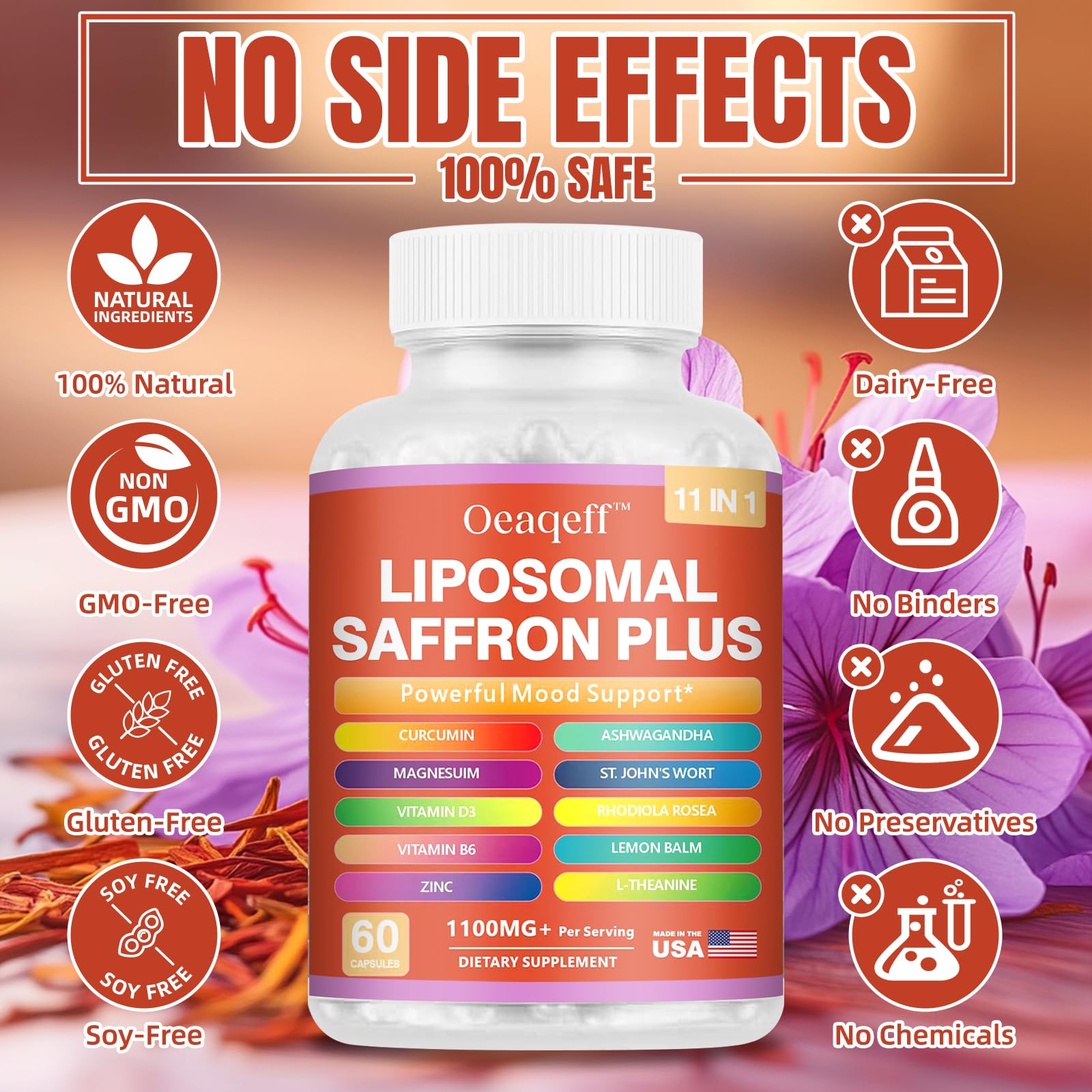 Oeaqeff Liposomal Saffron Supplements -11 in 1 100% Pure Saffron Extract 88.5 mg Maximum Absorption for Mood, Energy & Vision,Vegan, Non-GMO - 60 Vegan Capsules (1) Oeaqeff uk supplements