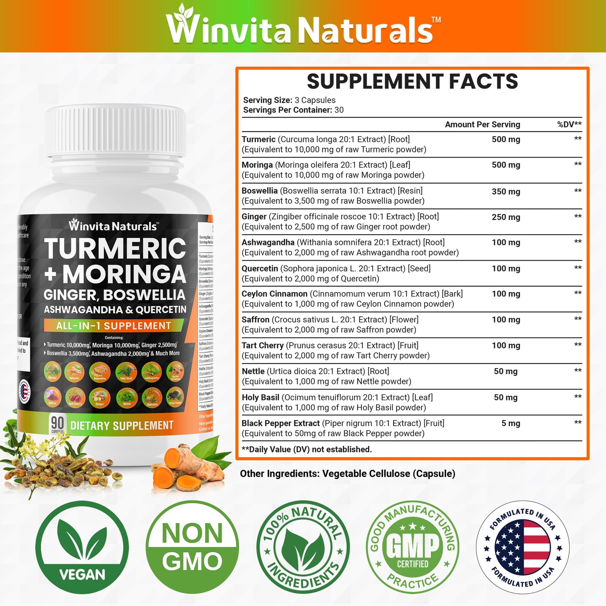 Turmeric Curcumin 10000mg Moringa 10000mg Boswellia 3500mg Ginger 2500mg Winvita Naturals uk supplements