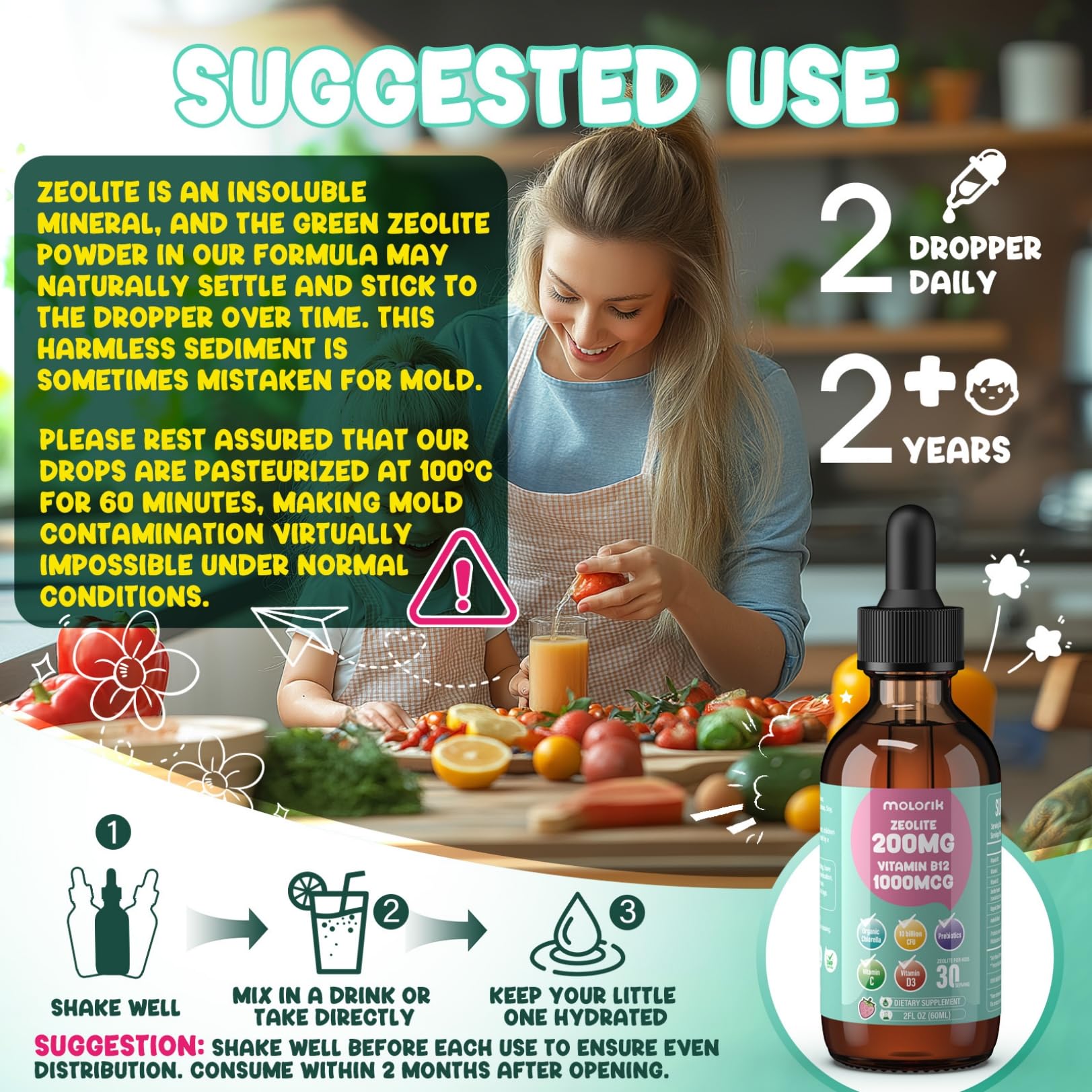 Zeolite Detox for Kids and Adults, 200mg Zeolite Liquid Drops with 1000mcg Vitamin B12, Organic Chlorella, 10 billion CFU & Prebiotics for Gut Support & Speech, Immune, Bone, Energy*, Strawberry, 60ML molorik pure uk supplements