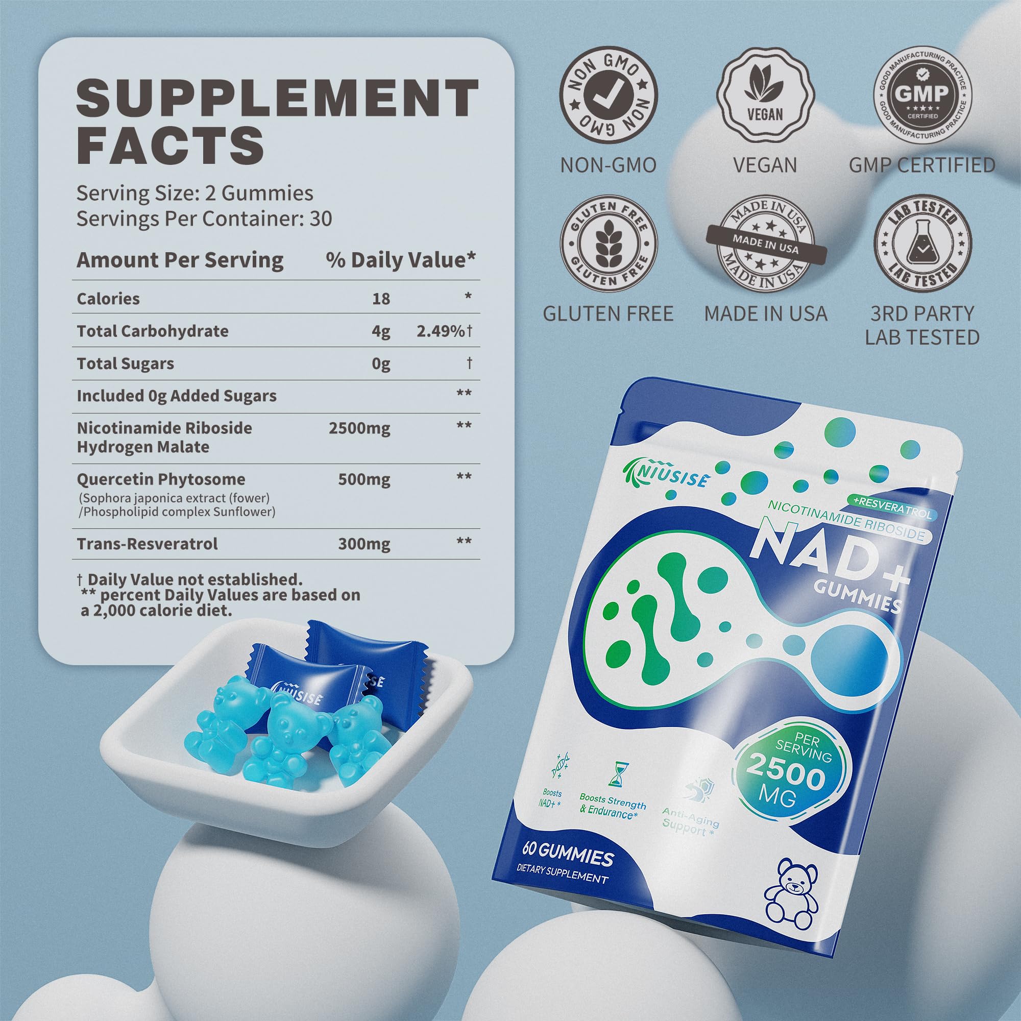 NIUSISE NAD Gummies Sugar Free, NAD+ Supplement with Liposomal Nicotinamide Riboside, Resveratrol, Quercetin, NAD Supplement for Anti-Aging, Energy, Cellular Health, Blueberry Flavor, 60 Gummies NIUSISE uk supplements