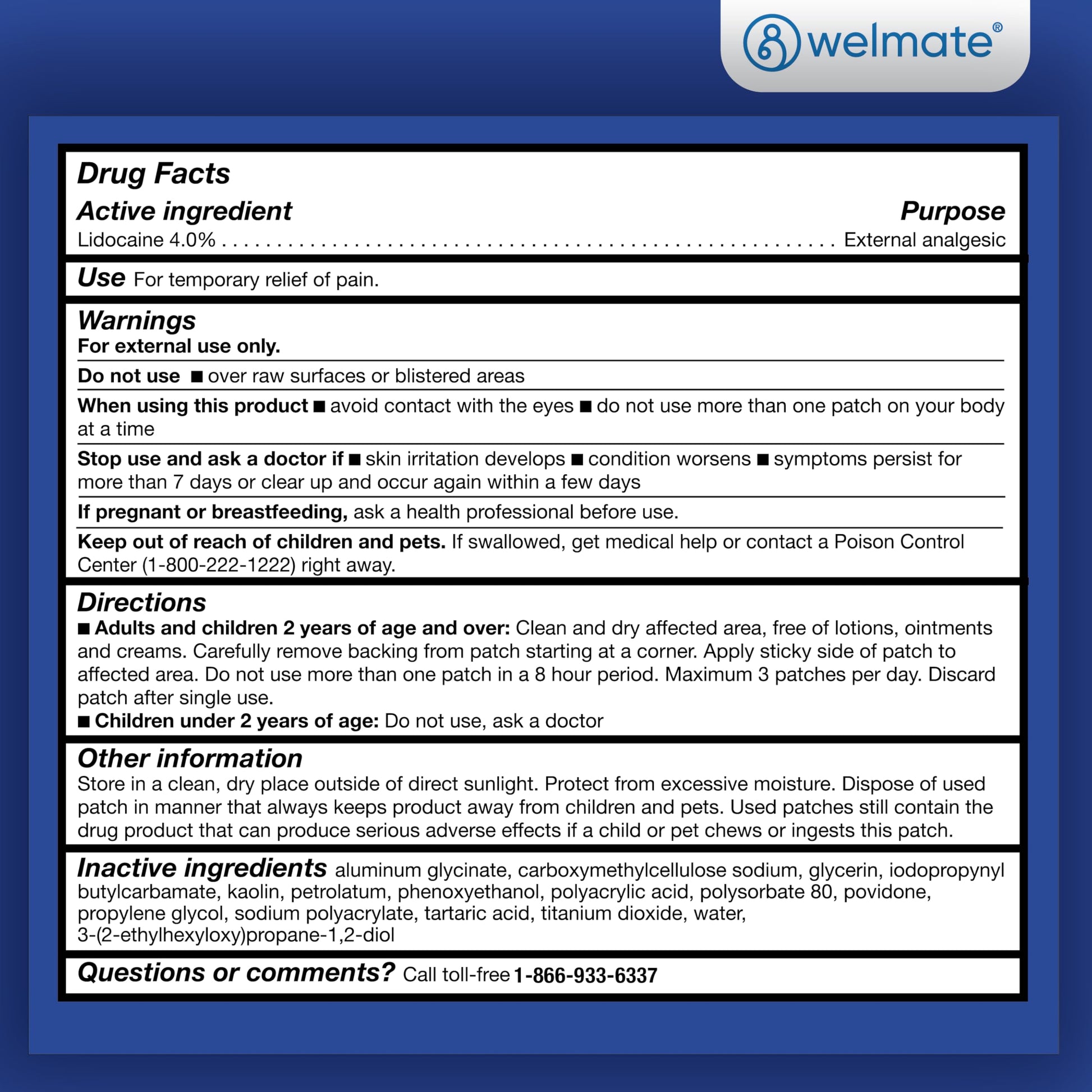 WELMATE - 4% Lidocaine Numbing Patch - Maximum Strength - Temporary Relief of Pain, Back, Neck, Shoulders, Knees, Elbows, Minor Skin Irritations - Topical Analgesic Unscented - 30 ct WELMATE uk supplements