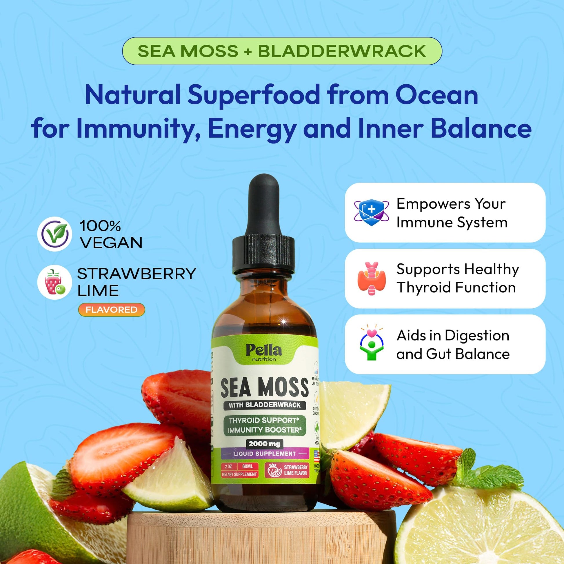 Pella Nutrition Sea Moss Drops with Bladderwrack – 4X Faster Absorption Than Irish Sea Moss Gel Superfood, Gummies, and Capsules – Digestive & Immune Support Supplement (Strawberry Lime, 60mL) Pella Nutrition uk supplements
