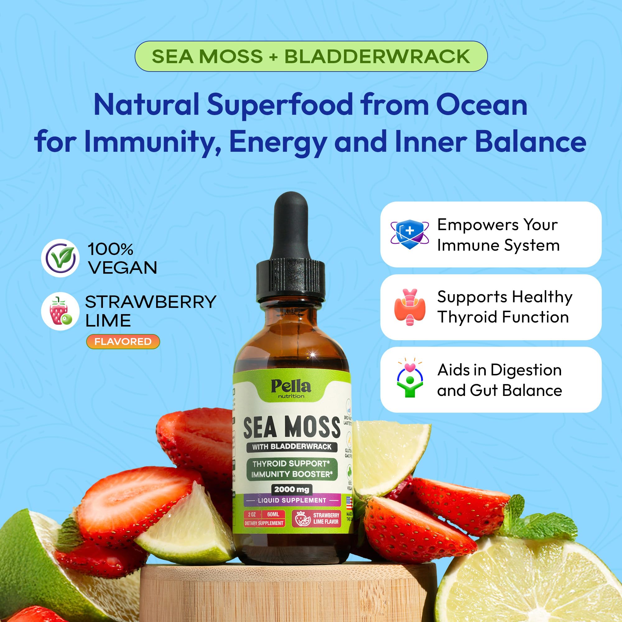 Pella Nutrition Sea Moss Drops with Bladderwrack – 4X Faster Absorption Than Irish Sea Moss Gel Superfood, Gummies, and Capsules – Digestive & Immune Support Supplement (Strawberry Lime, 60mL) Pella Nutrition uk supplements