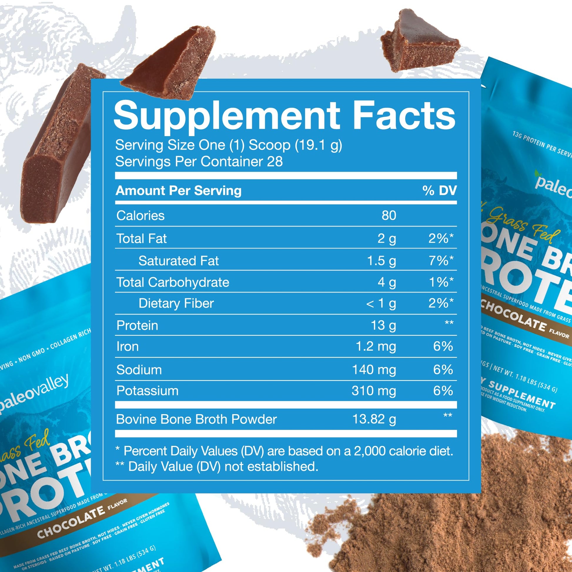 Paleovalley 100% Grass Fed Bone Broth Protein Powder - Chocolate - Rich in Collagen Paleovalley uk supplements