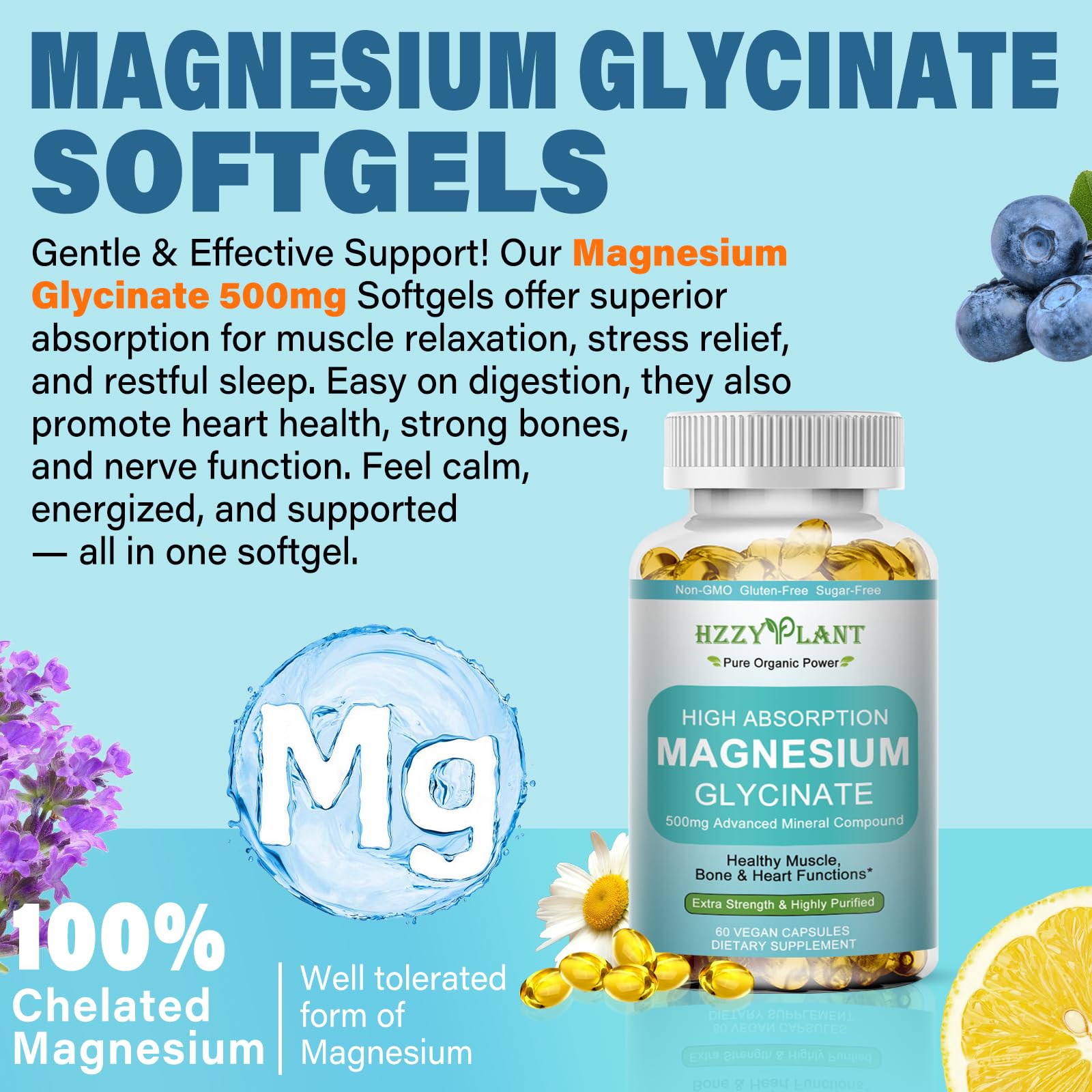 Magnesium Glycinate 500mg Softgels, High Absorption Magnesium Supplement Softgel Capsules for Muscle, Heart, Sleep & Bone Support, Stress Relief, Nerve Health & Metabolism, Non-GMO, 2 Month Supply HZZYPLANT uk supplements