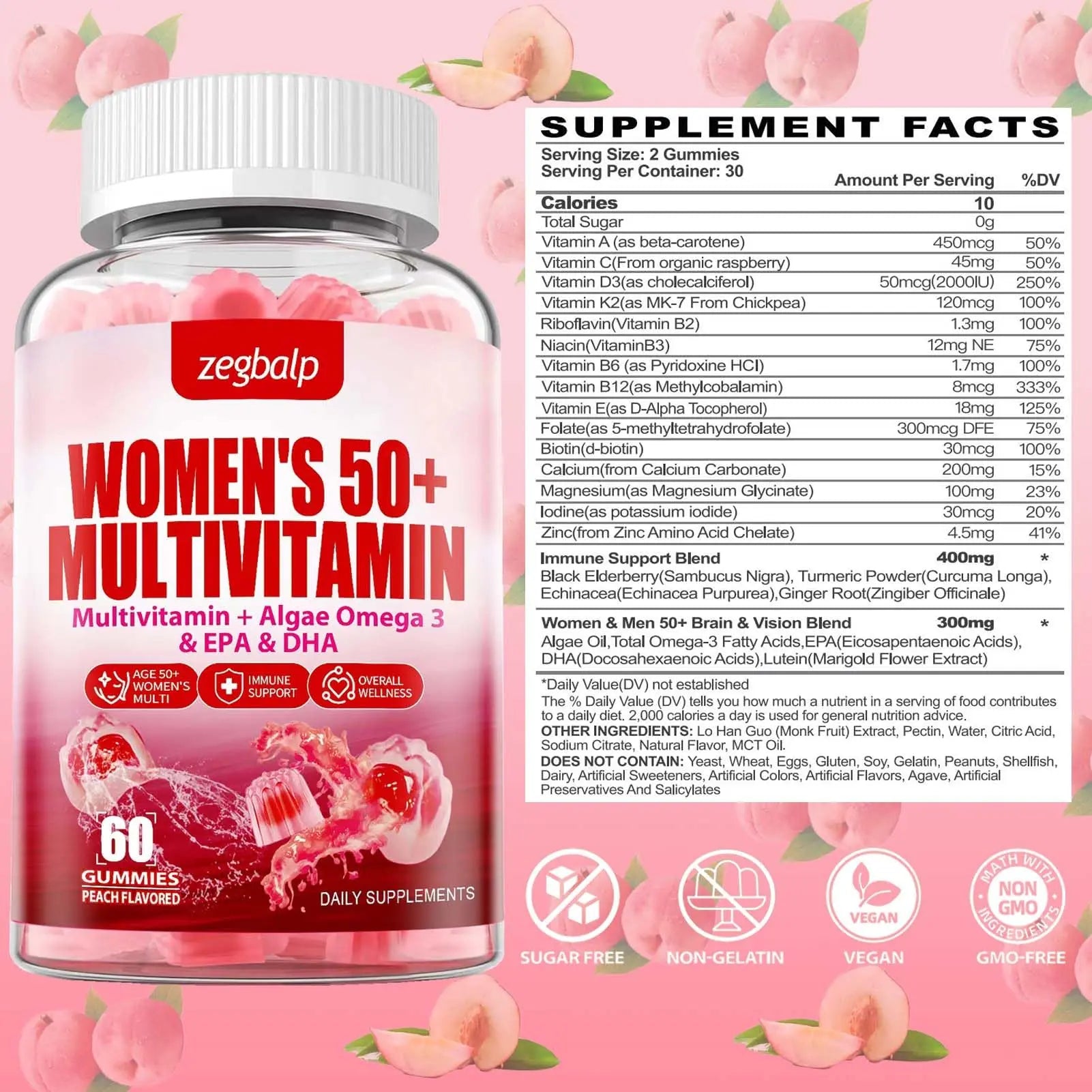 ZEGBALP Sugar-Free Womens Multivitamin 50 Plus Gummies with Calcium, Magnesium, Zinc, Vitamin A, C, D3, E, K2, B Complex, Folate, Biotin ZEGBALP uk supplements