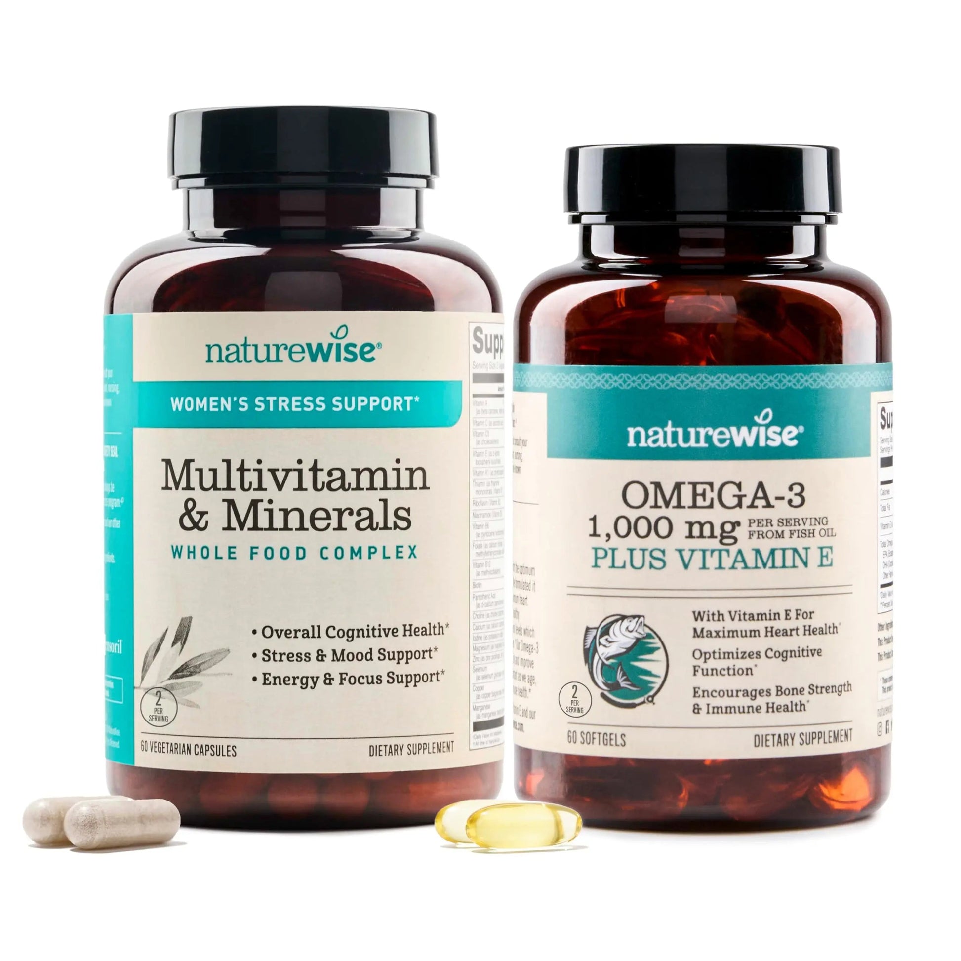 [1] NatureWise Multivitamin for Women Stress Support & Natural Minerals - 60 Ct[30-Day Supply] + [1] Omega 3 Fish Oil 1000mg + Vitamin E - Wild-Caught - 60 Softgels[30-Day Supply] NatureWise uk supplements