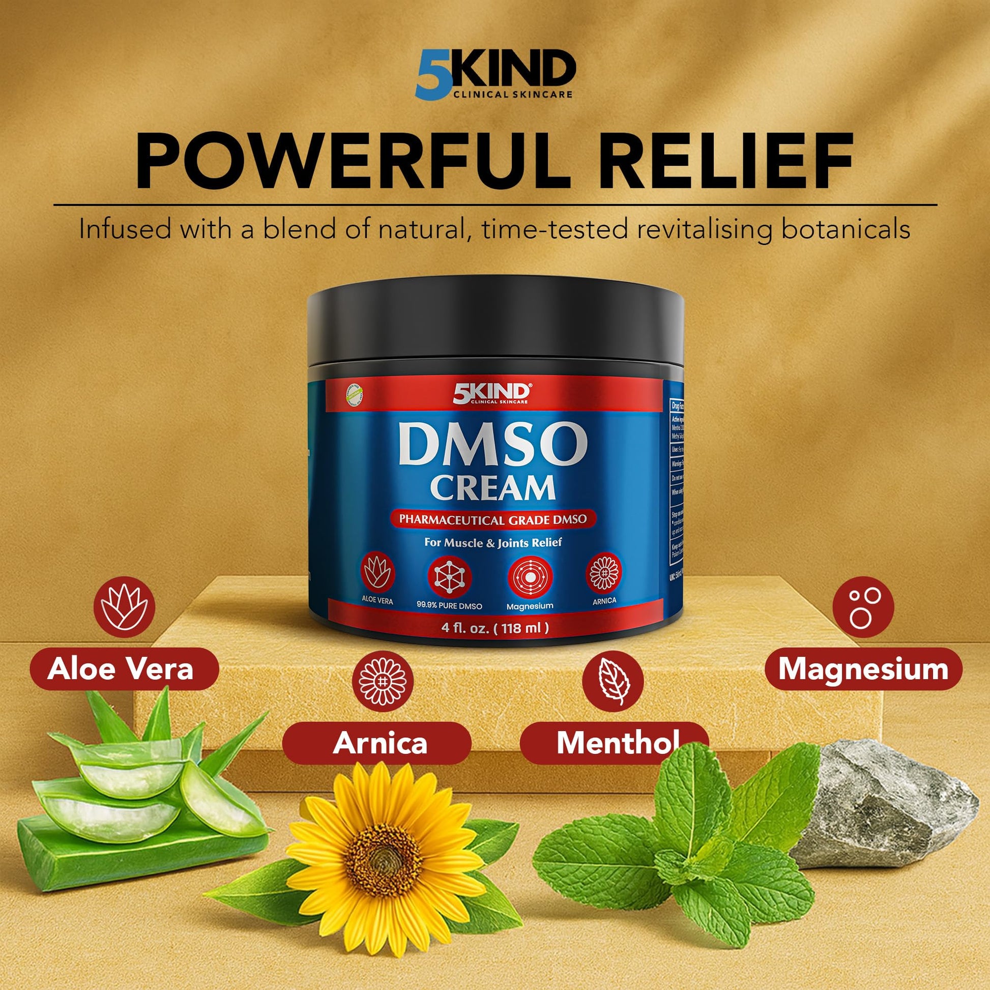 5Kind DMSO Cream for Pain Relief 4 fl oz - 99.9% Pure DMSO Pharmaceutical Grade Cream - Aloe Vera, Magnesium, Arnica & Menthol - Topical Muscle and Joint Pain Relief - Registered NDC - Made in USA 5kind clinical skincare uk supplements