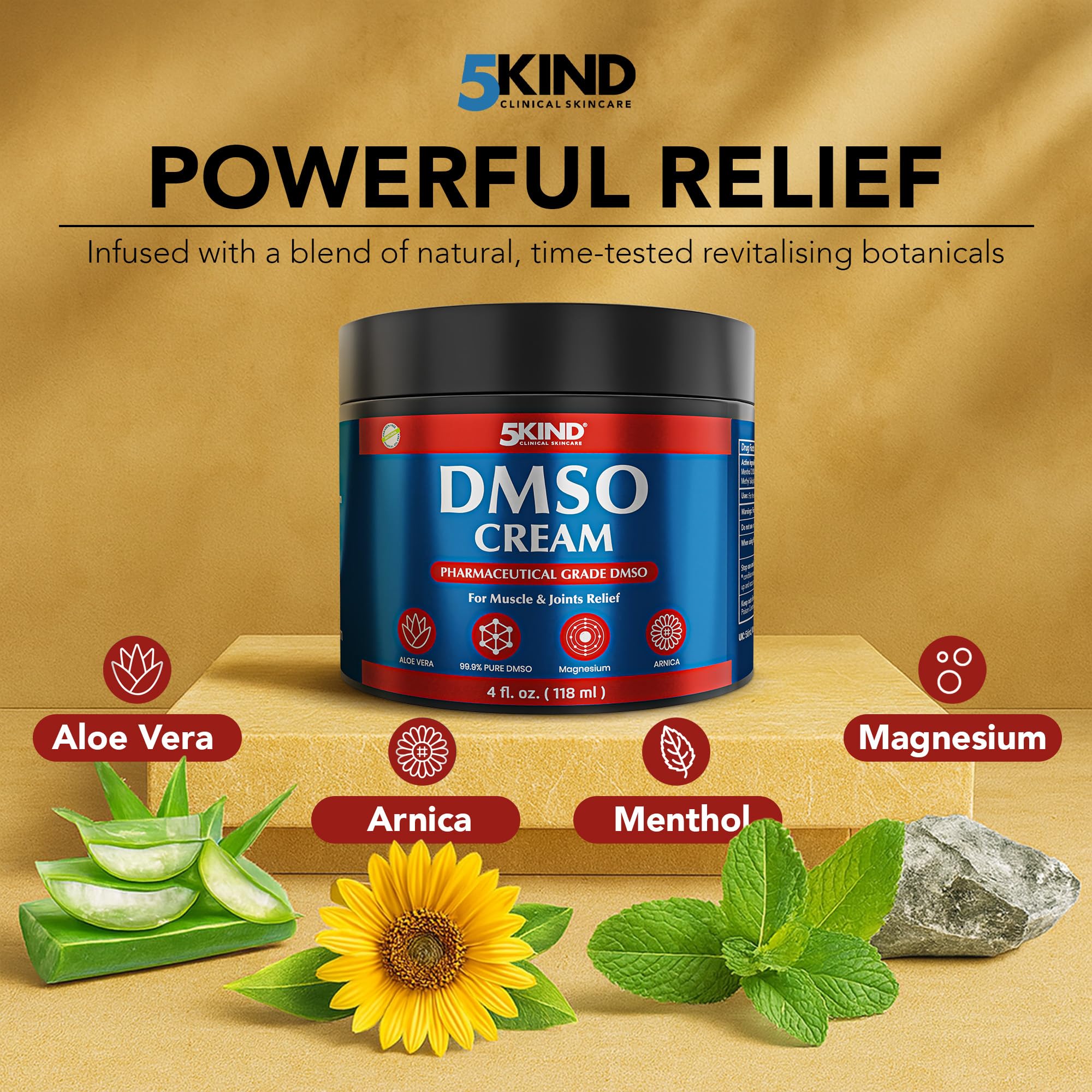 5Kind DMSO Cream for Pain Relief 4 fl oz - 99.9% Pure DMSO Pharmaceutical Grade Cream - Aloe Vera, Magnesium, Arnica & Menthol - Topical Muscle and Joint Pain Relief - Registered NDC - Made in USA 5kind clinical skincare uk supplements