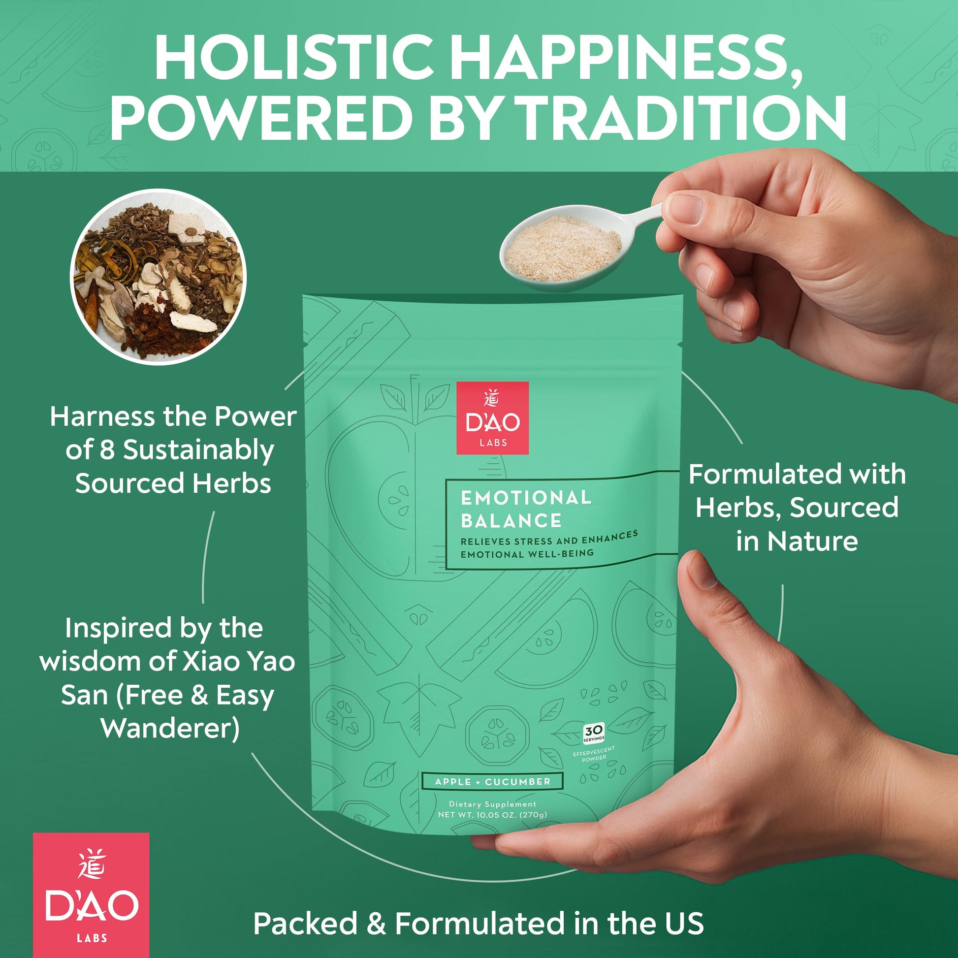 D'AO Labs Emotional Balance - Emotional Balance Powder - Calm & Stress Relief - Effervescent Powder with Apple-Cucumber Flavor - Xiao Yao San Traditional Chinese Herbal - 30 Individual Servings DAO Labs uk supplements