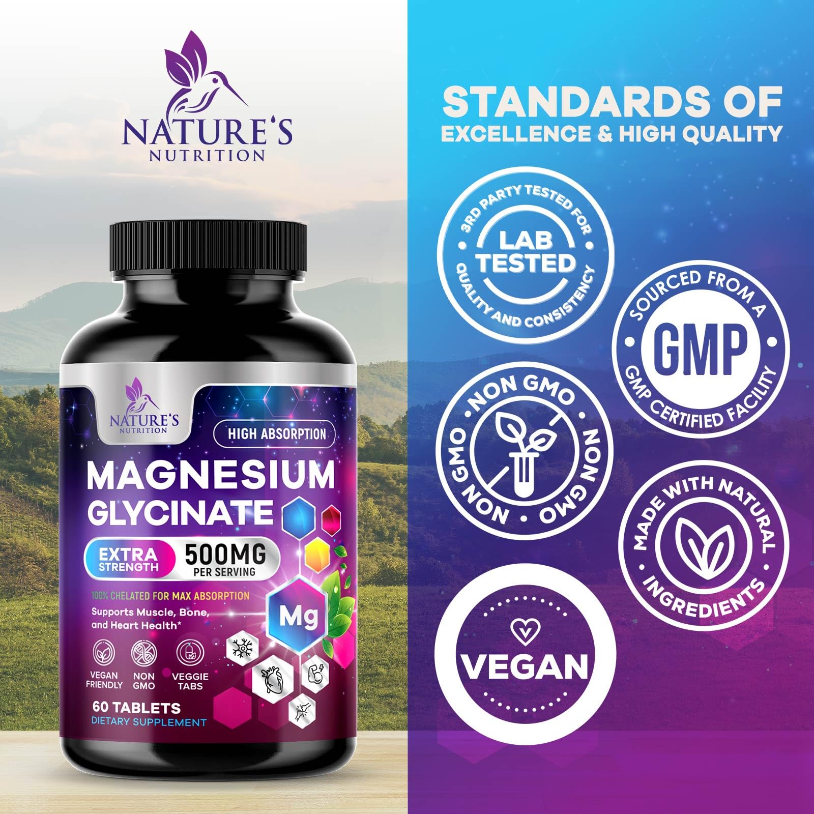 Magnesium Glycinate Supplement - 500mg Magnesium Per Serving - 100% Chelated & Purified - Supports Sleep, Heart Health, & Muscle Strength - Best Absorption Magnesium, Bottled in USA - 60 Tablets Nature's Nutrition uk supplements