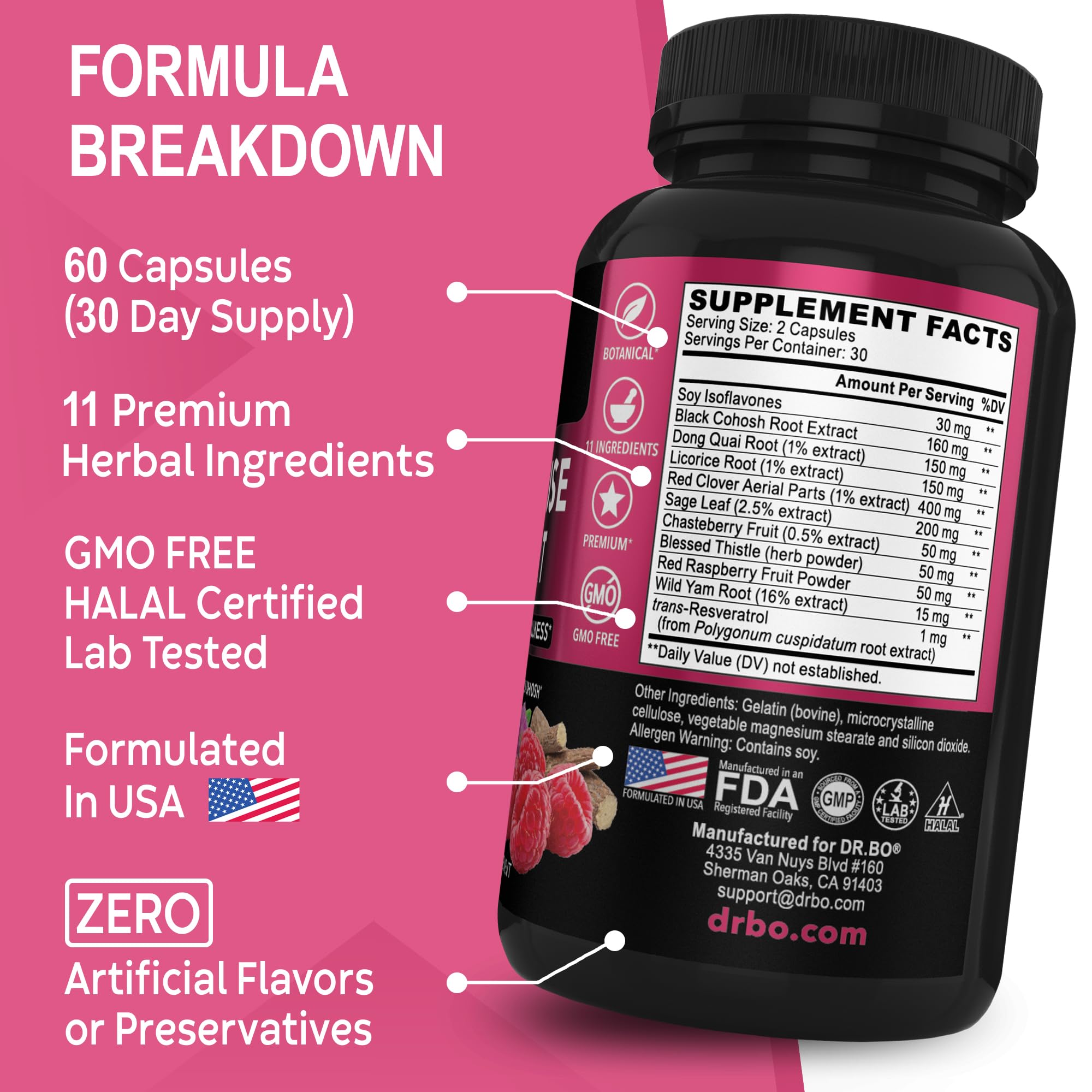 Menopause Supplements for Women Support Pills - Natural Menopause Relief for Hot Flashes, Night Sweats & Mood Swings with Dong Quai, Chasteberry & Black Cohosh - Hormone Balance for Women Supplement DR. BO uk supplements