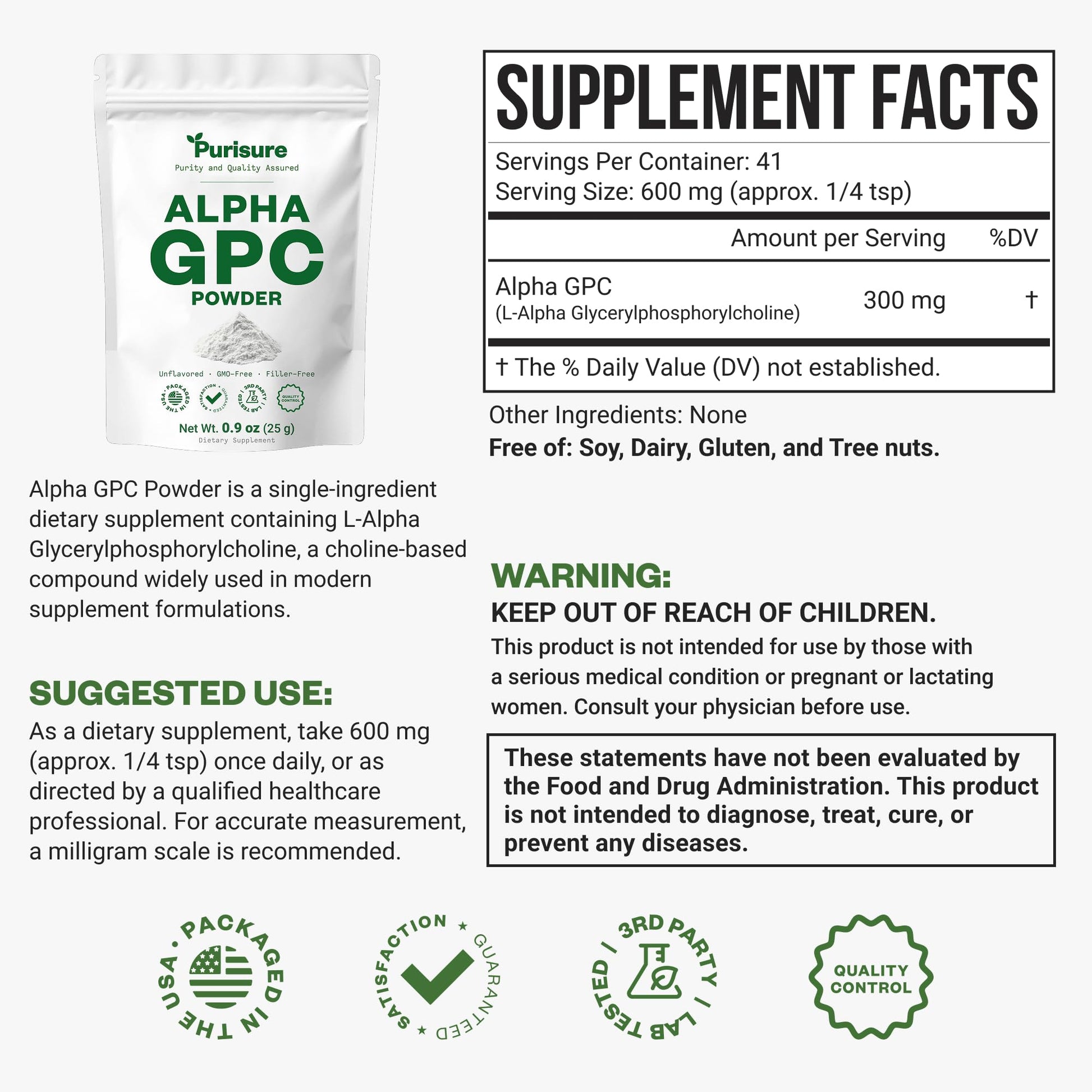 Purisure Alpha GPC Powder, 25 g, Pure Alpha GPC Choline Supplement for Brain and Focus, CDP Choline Supplements for Memory Performance & Concentration, No Fillers, Non-GMO, Offers 41 Servings Purisure uk supplements