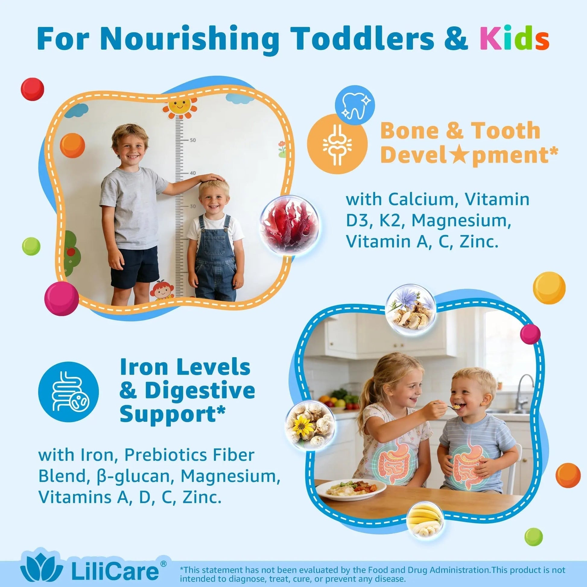 Toddler Multivitamin Gummies with Iron, Omega-3, ARA, Calcium, Prebiotic | Methylated Vitamins for Kids Ages 2+ | Overall Support | LILICARE uk supplements
