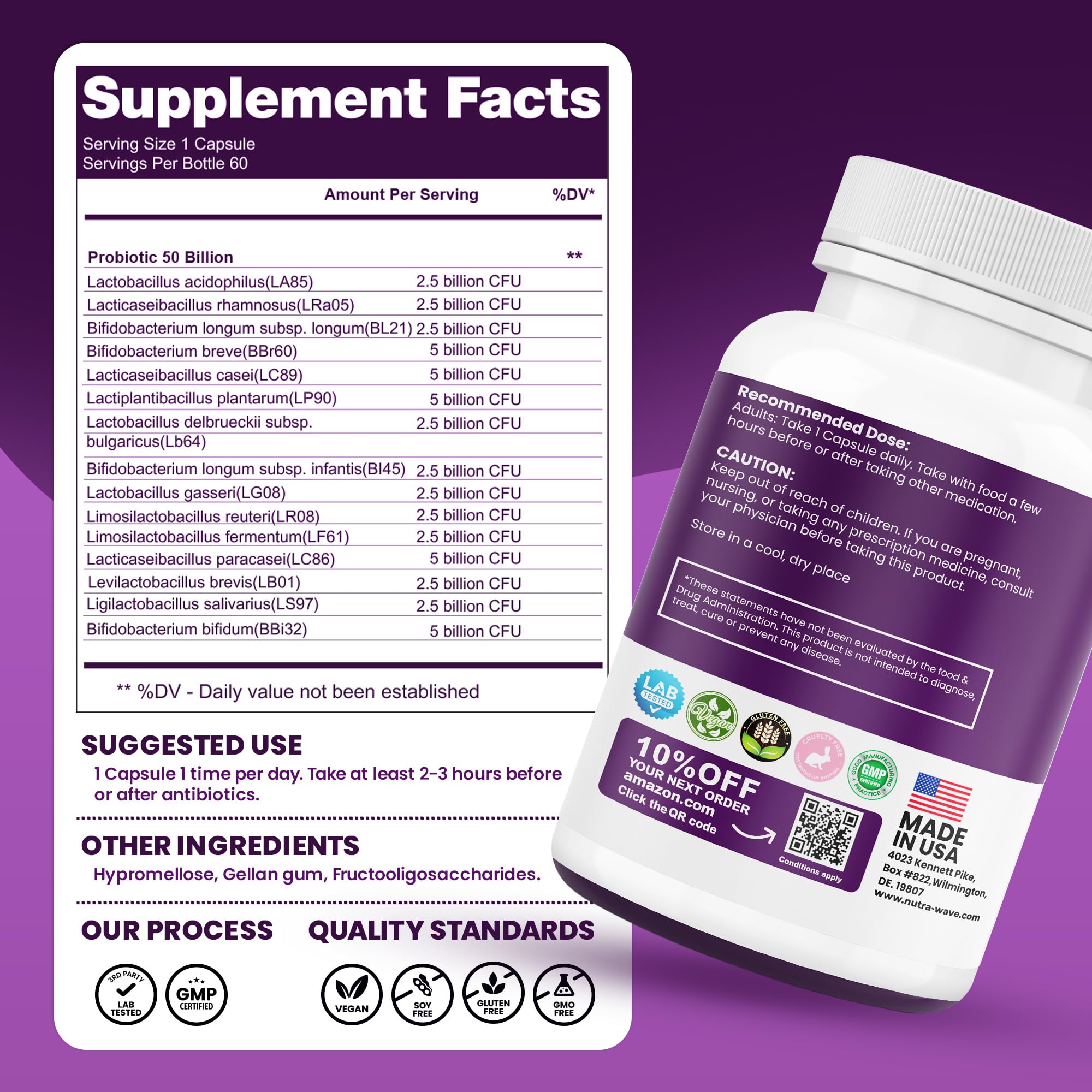 Nutrawave 50 Billion Probiotics for Women & Men, 15 Strains Active Culture. Relieves Bloating & Constipation, Improved Digestion & Gut Health Supplement, Vegan. 60 Powerful Small Capsules. Nutra Wave uk supplements
