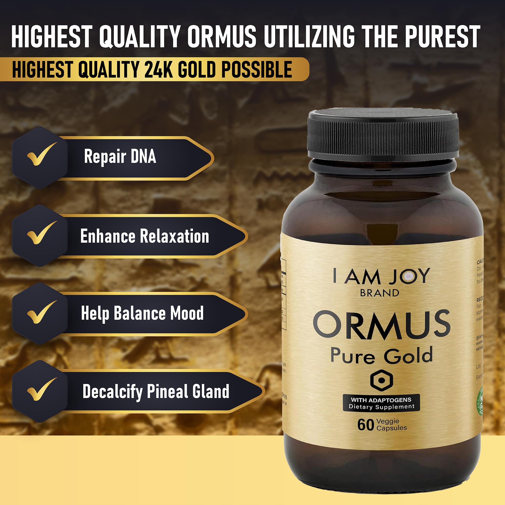I Am Joy co. Ormus Gold Capsules Monoatomic Elements with Adaptogens Maca and Ashwaganda | May Help Balance Mood, Decalcify Pineal Gland, Repair DNA, Enhance Relaxation - 60 Vegan Capsules I Am Joy co. uk supplements