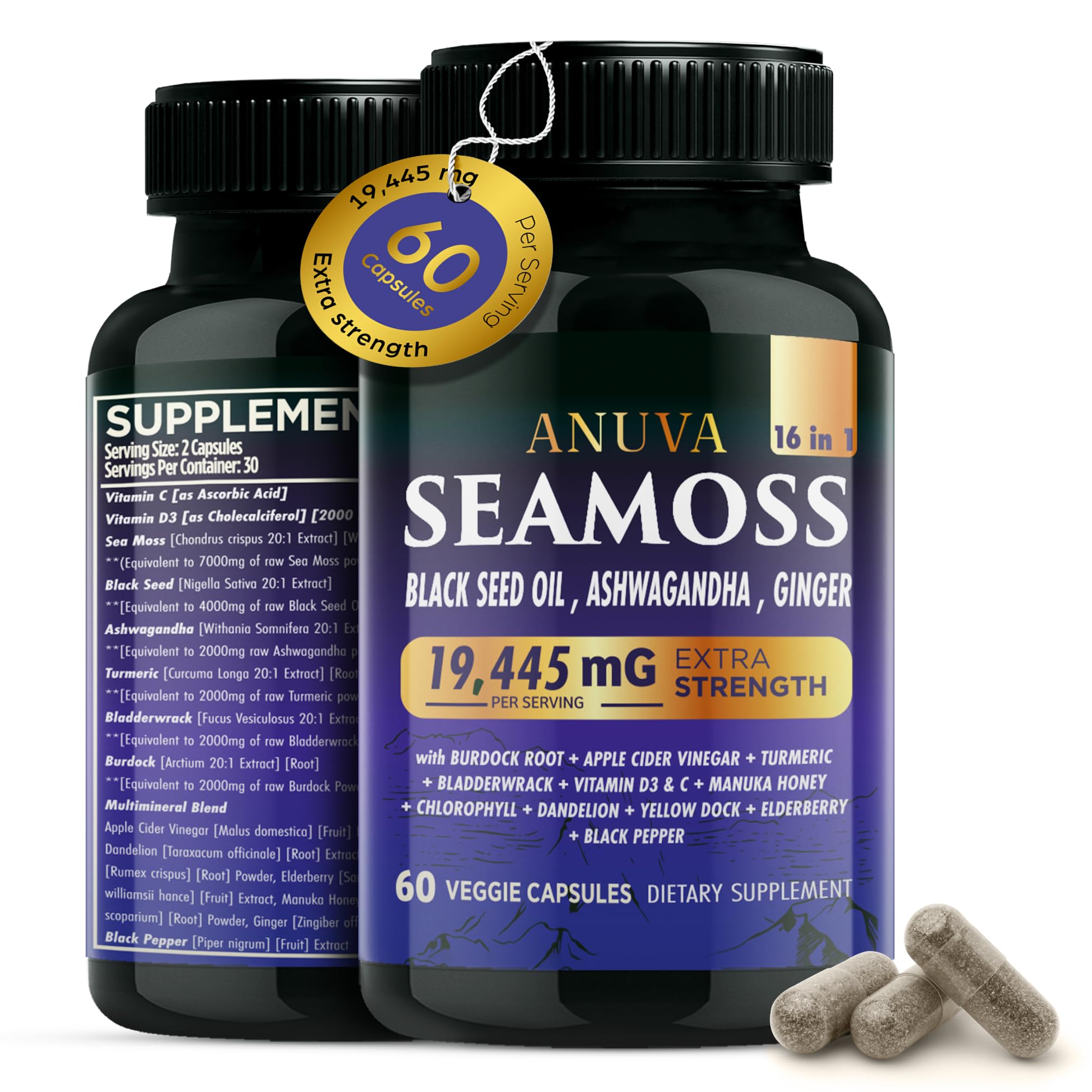 Anuva 16-in-1 Sea Moss Capsules | Black Seed Oil, Ashwagandha, with Vitamin C, D3, Turmeric, Burdock, Bladderwrack & Multi-Minerals | Immune, Skin, Joint & Energy Support | 60 Veggie Capsules Anuva uk supplements