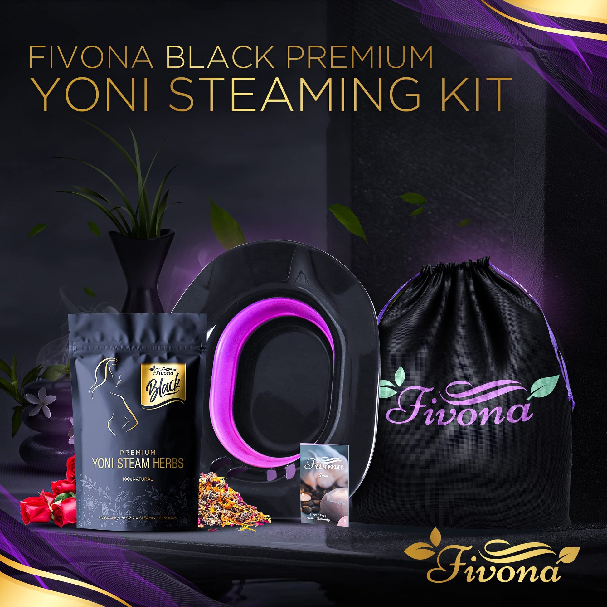 Fivona 3-in-1 Yoni Steam Kit Black - Foldable Over The Toilet Steamer Seat with Herbal Blend and Storage FIVONA uk supplements
