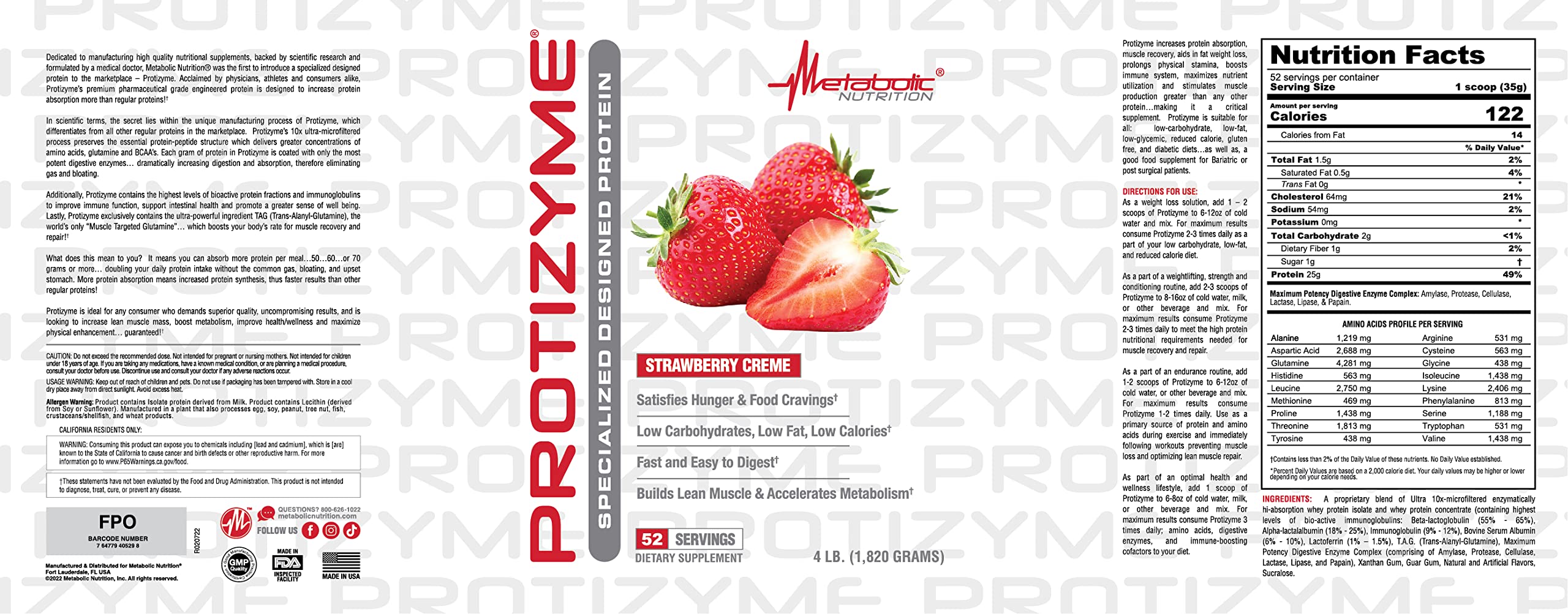 Metabolic Nutrition, Protizyme, 100% Whey Protein Powder, High Protein, Low Carb Metabolic Nutrition uk supplements