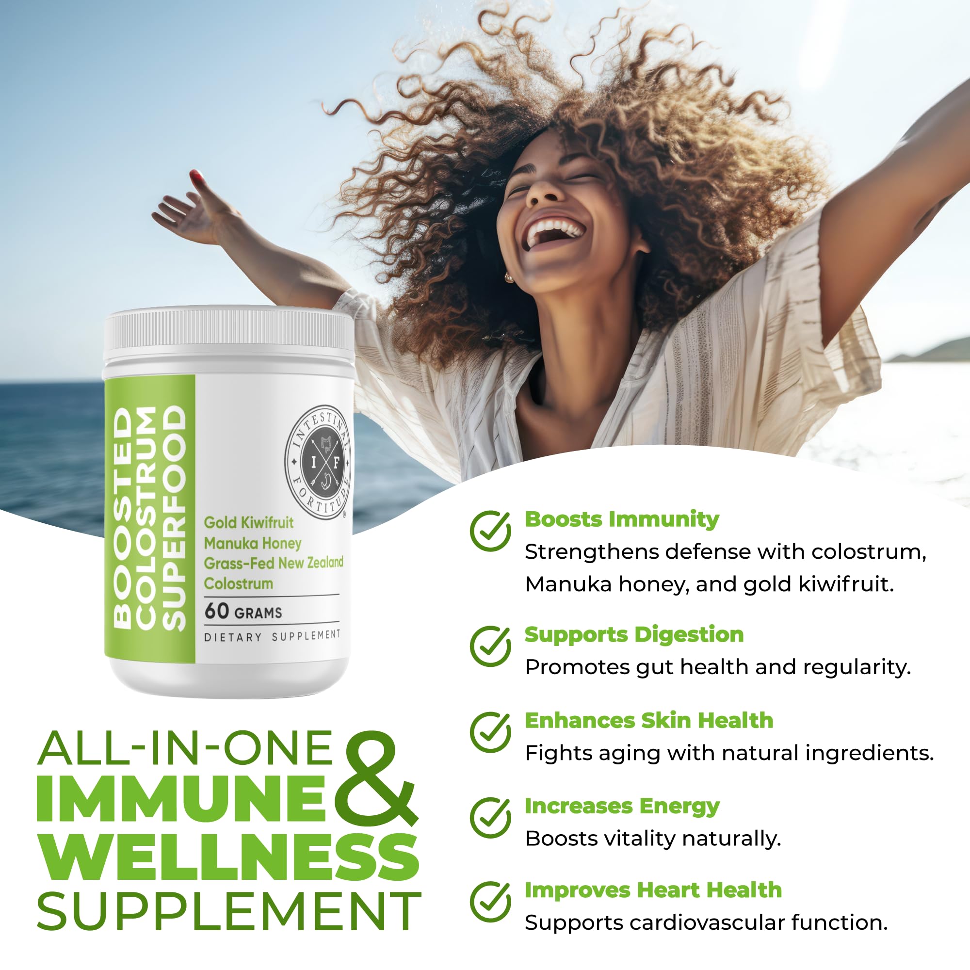 Intestinal Fortitude Boosted Colostrum Superfood Dietary Supplement: Grass-Fed New Zealand Bovine Colostrum, Gold Kiwifruit, Manuka Honey, for Digestion, Immune System, and Gut Health (60 Grams) Intestinal Fortitude uk supplements