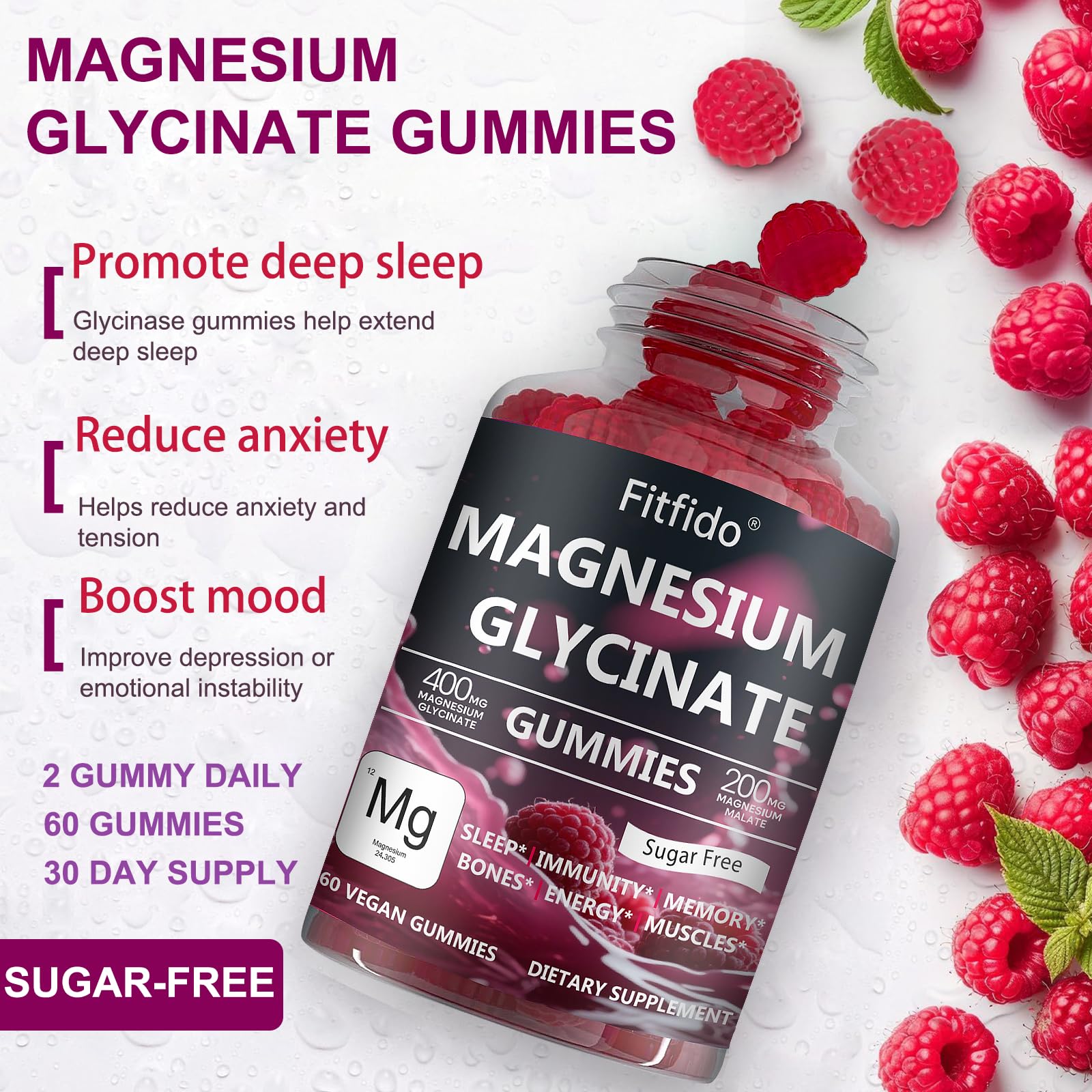 Magnesium Glycinate Gummies 400mg, Chewable Sugar Free Magnesium Supplement with Magnesium Glycinate, Magnesium Malate and Protein for Sleep, Relaxation, Brain & Muscle - Vegan (60 Count, Raspberry) Fitfido uk supplements