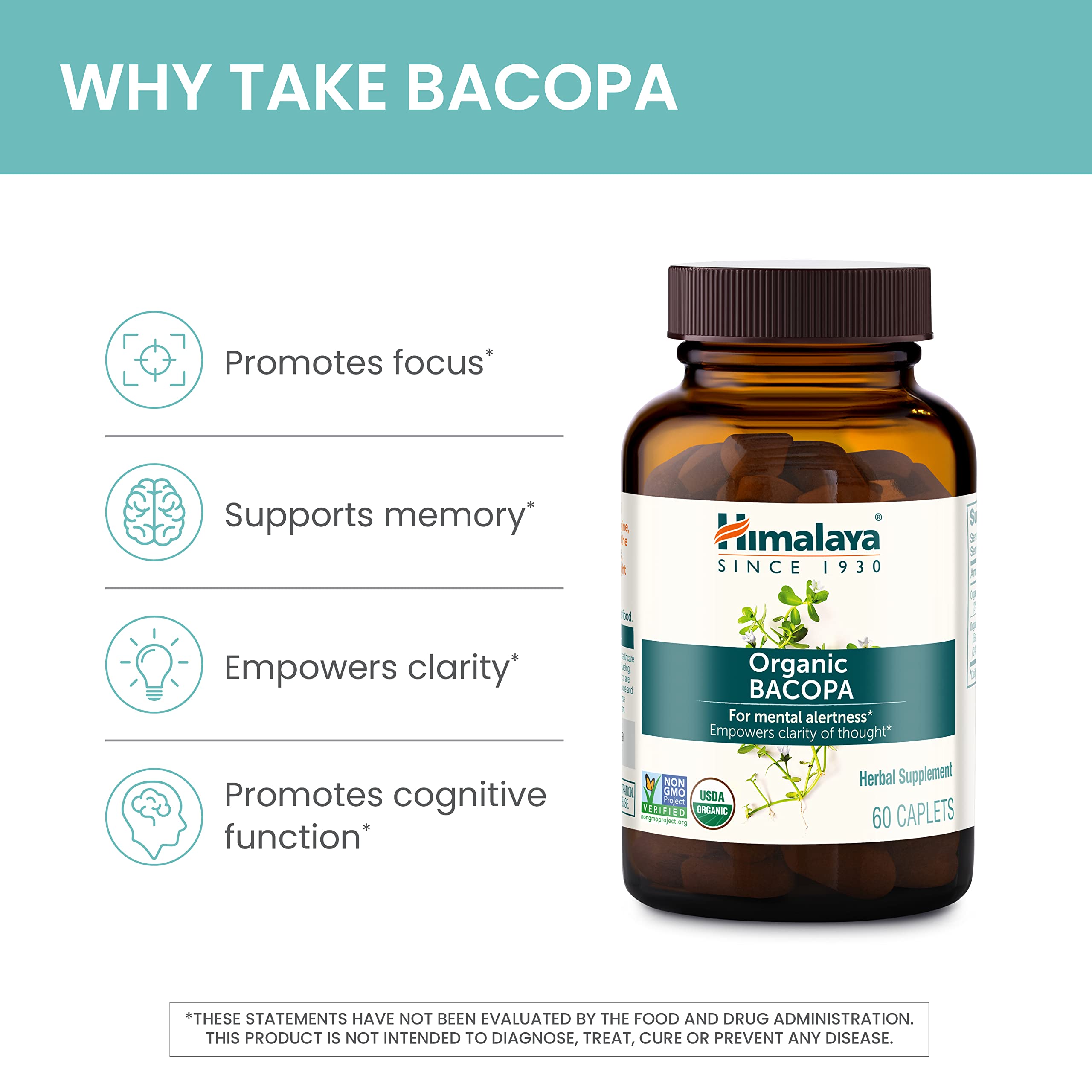 Himalaya Bacopa Monnieri Nootropic Herbal Supplement, Supports Calm, Memory, Cognition, USDA Certified Organic, Non-GMO, 750 mg, 60 Plant-Based Caplets, 60 Day Supply Himalaya uk supplements