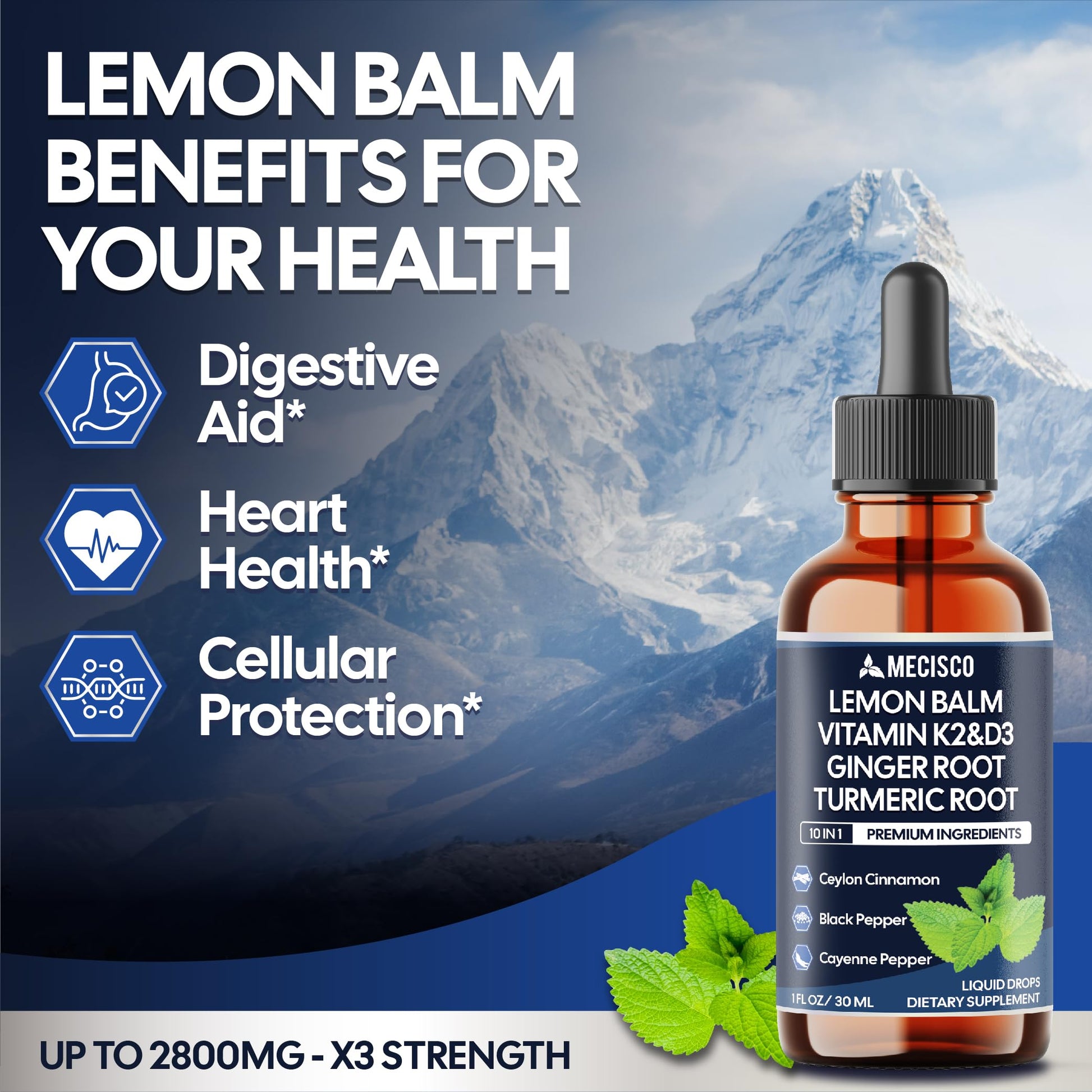 10in1 Lemon Balm Liquid Drops Blend Includes Vitamin D3, Vitamin K2, Lemon Balm, Ginger, Turmeric, Ceylon Cinnamon, Black Pepper, Cayenne Pepper, Berberine, Valerian Root - 1 FL Oz - 2 Month Supply Mecisco uk supplements