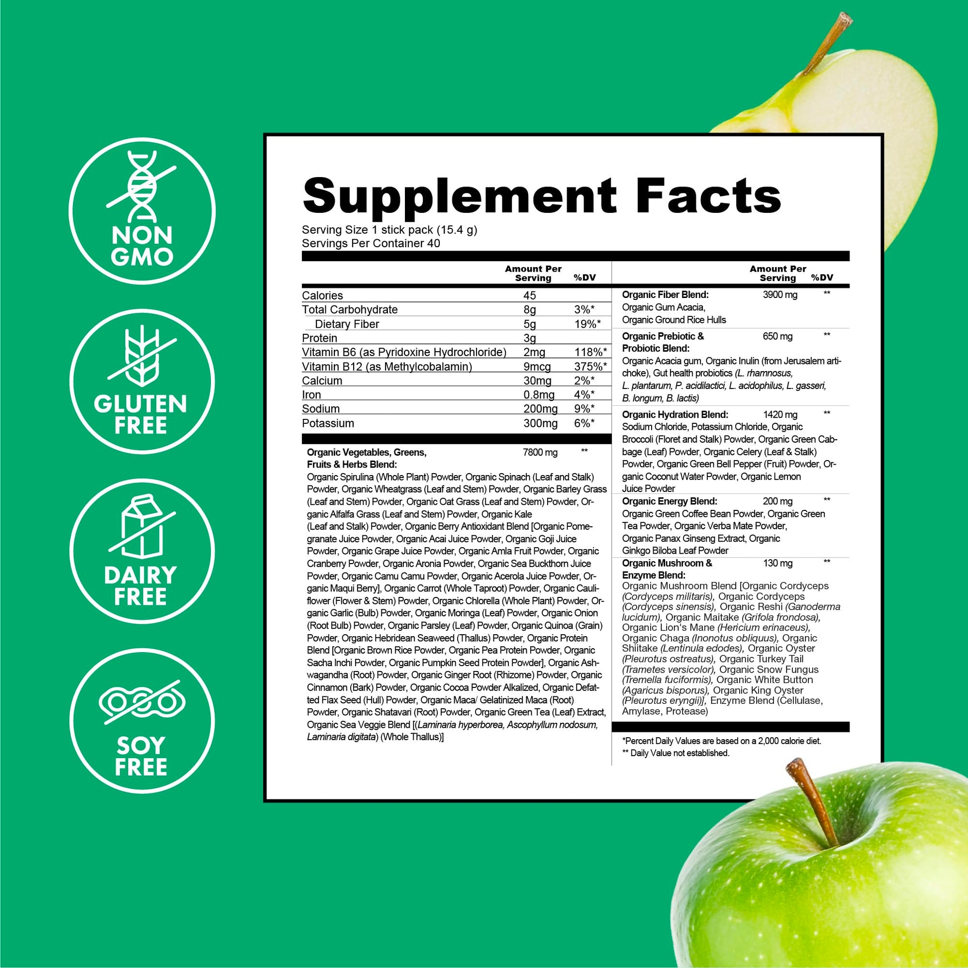 Zena Nutrition Organic Super Greens Energy & Hydration Powder, 70+ Superfoods, 0 Sugar, 5G Fiber, Spirulina, Chlorella, Prebiotics/Probiotics, Natural Caffeine + Electrolytes, 40 Drink Mix Packets Zena Nutrition uk supplements
