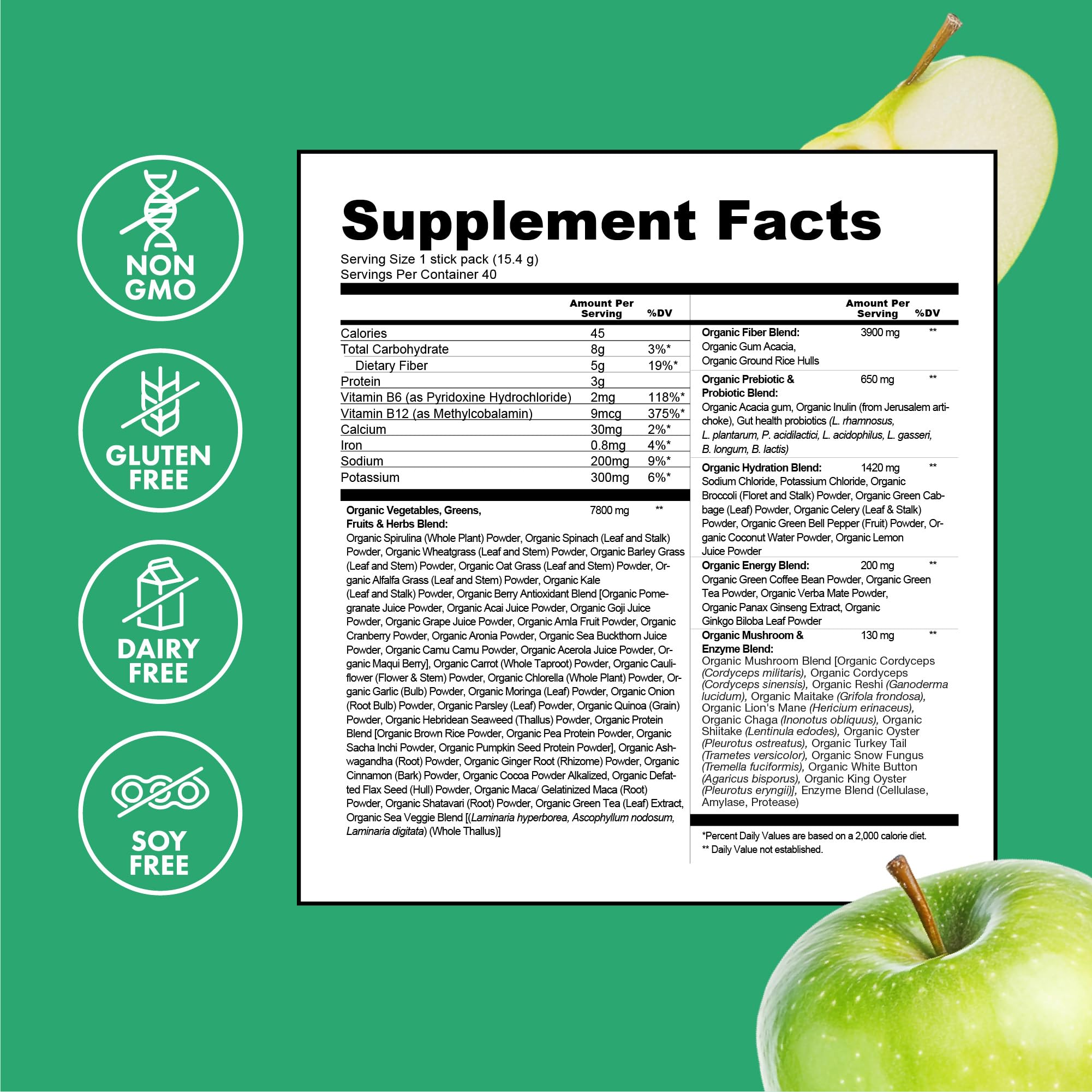 Zena Nutrition Organic Super Greens Energy & Hydration Powder, 70+ Superfoods, 0 Sugar, 5G Fiber, Spirulina, Chlorella, Prebiotics/Probiotics, Natural Caffeine + Electrolytes, 40 Drink Mix Packets Zena Nutrition uk supplements