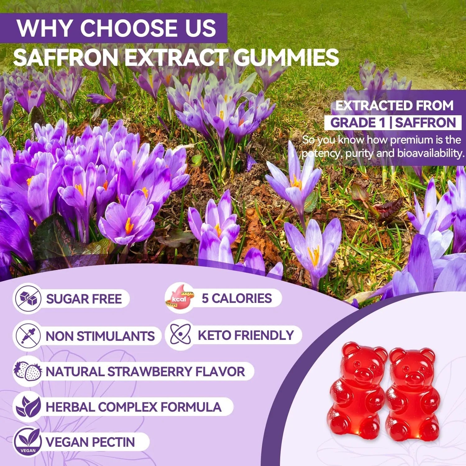 Crasye Saffron Gummies for Kids 100% Pure Organic Saffron Extract Sugar Free Saffron Supplements Gummy for Children Calm Mood & Focus - 60 Gummies Crasye uk supplements