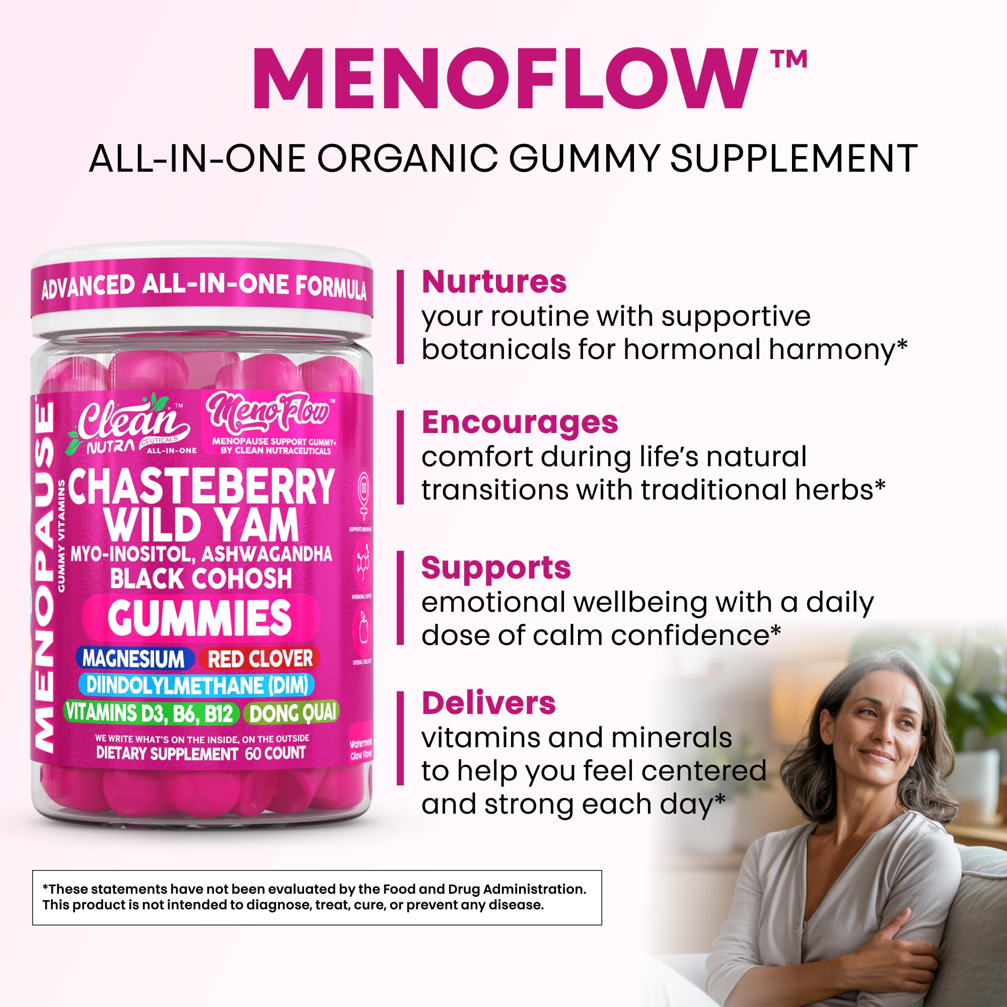 Clean Nutra Menopause Supplements for Women Chastberry Wild Yam Gummies Inositol Black Cohosh Magnesium Red Clover DIM Supplement B6 Magnesium Glycinate Glycine Vitex Hormone Balance Gummy Vitamins Clean Nutraceuticals uk supplements