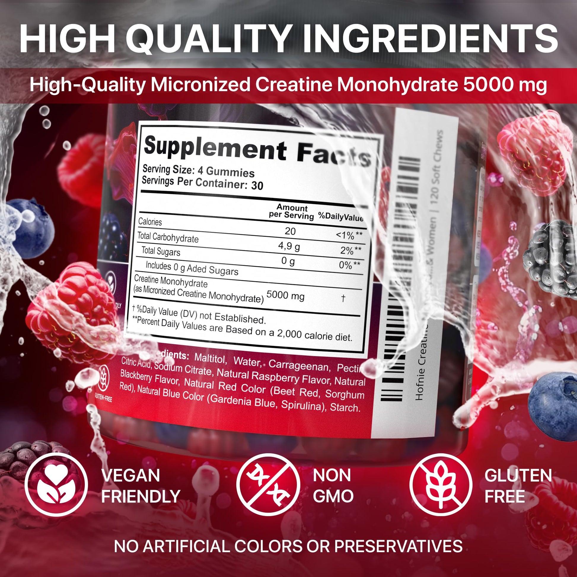 Hofnie Creatine Monohydrate Gummies 5000 mg – Vegan, Sugar-Free Pre Workout Creatine for Men & Women – Raspberry & BlackBerry Flavored Chewable Creatine Monohydrate, 120 Gummies (30-Day Supply) Hofnie uk supplements