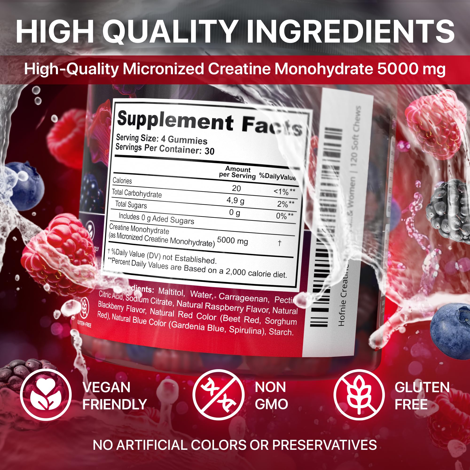 Hofnie Creatine Monohydrate Gummies 5000 mg – Vegan, Sugar-Free Pre Workout Creatine for Men & Women – Raspberry & BlackBerry Flavored Chewable Creatine Monohydrate, 120 Gummies (30-Day Supply) Hofnie uk supplements