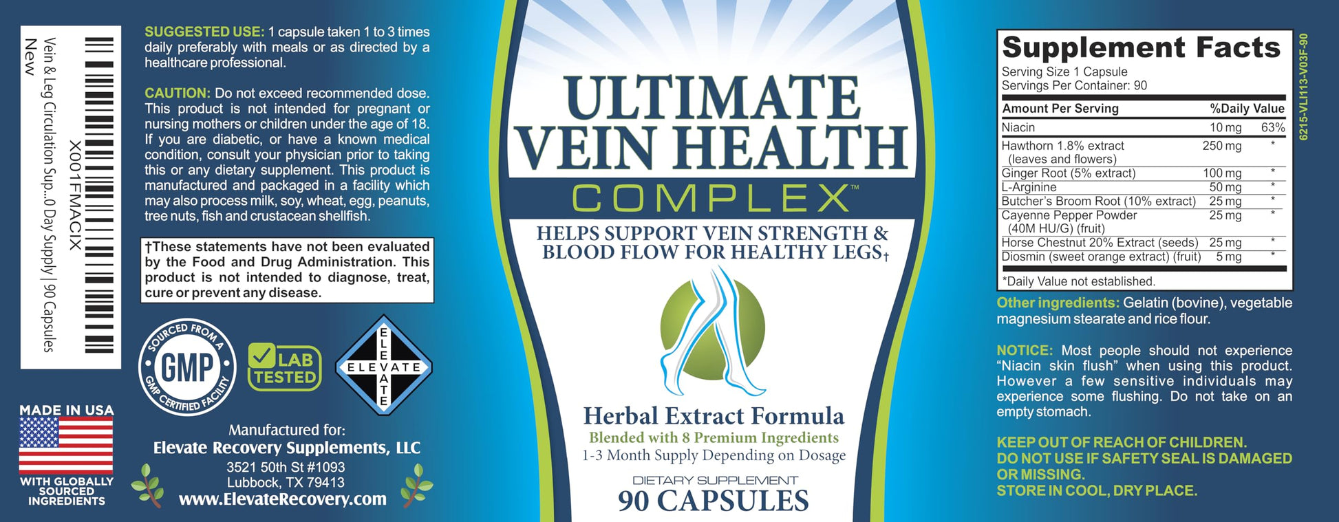 8-in-1 Vein & Leg Health Circulation Support Supplements | Leg + Vein Formula | Circulatory Support Supplement | 1-Month Supply | 90 Capsules Elevate Recovery Supplements uk supplements