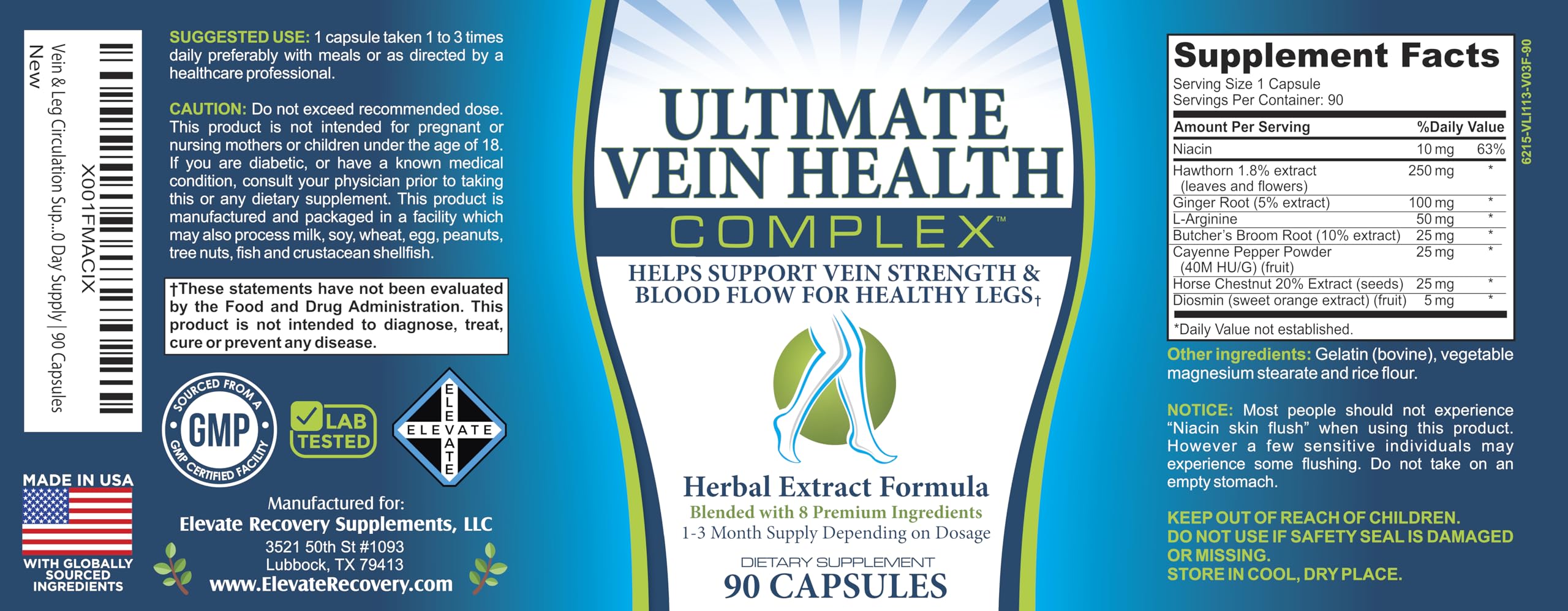 8-in-1 Vein & Leg Health Circulation Support Supplements | Leg + Vein Formula | Circulatory Support Supplement | 1-Month Supply | 90 Capsules Elevate Recovery Supplements uk supplements