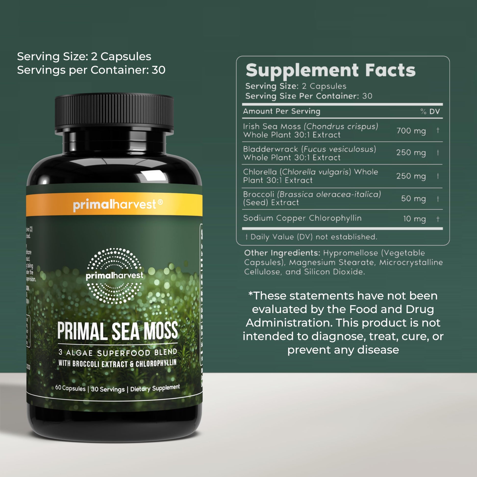 Primal Harvest Sea Moss Capsules with Bladderwack and Irish Sea Moss, Chlorella, Broccoli Seed Extract Plant-Based Supplements for Adults Primal Harvest uk supplements