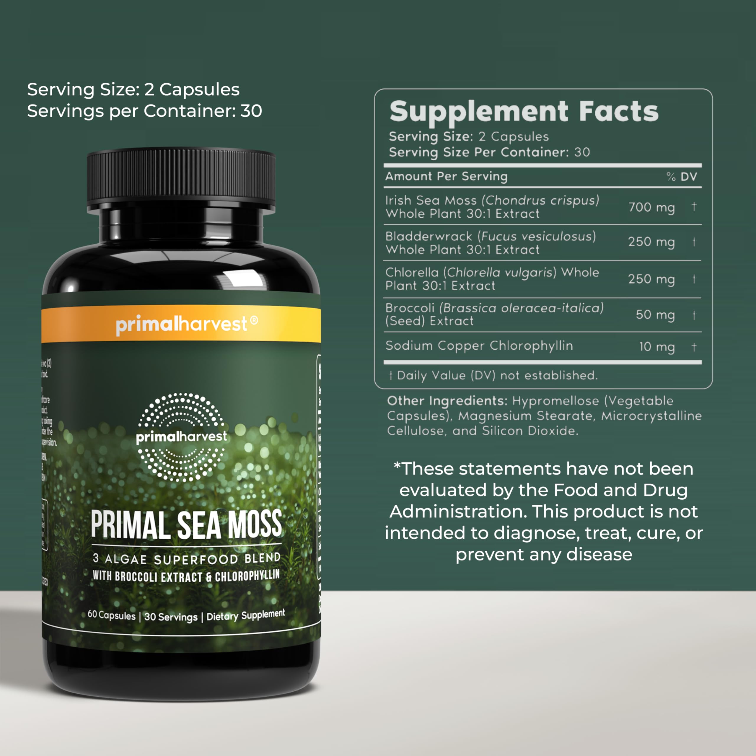 Primal Harvest Sea Moss Capsules with Bladderwack and Irish Sea Moss, Chlorella, Broccoli Seed Extract Plant-Based Supplements for Adults Primal Harvest uk supplements