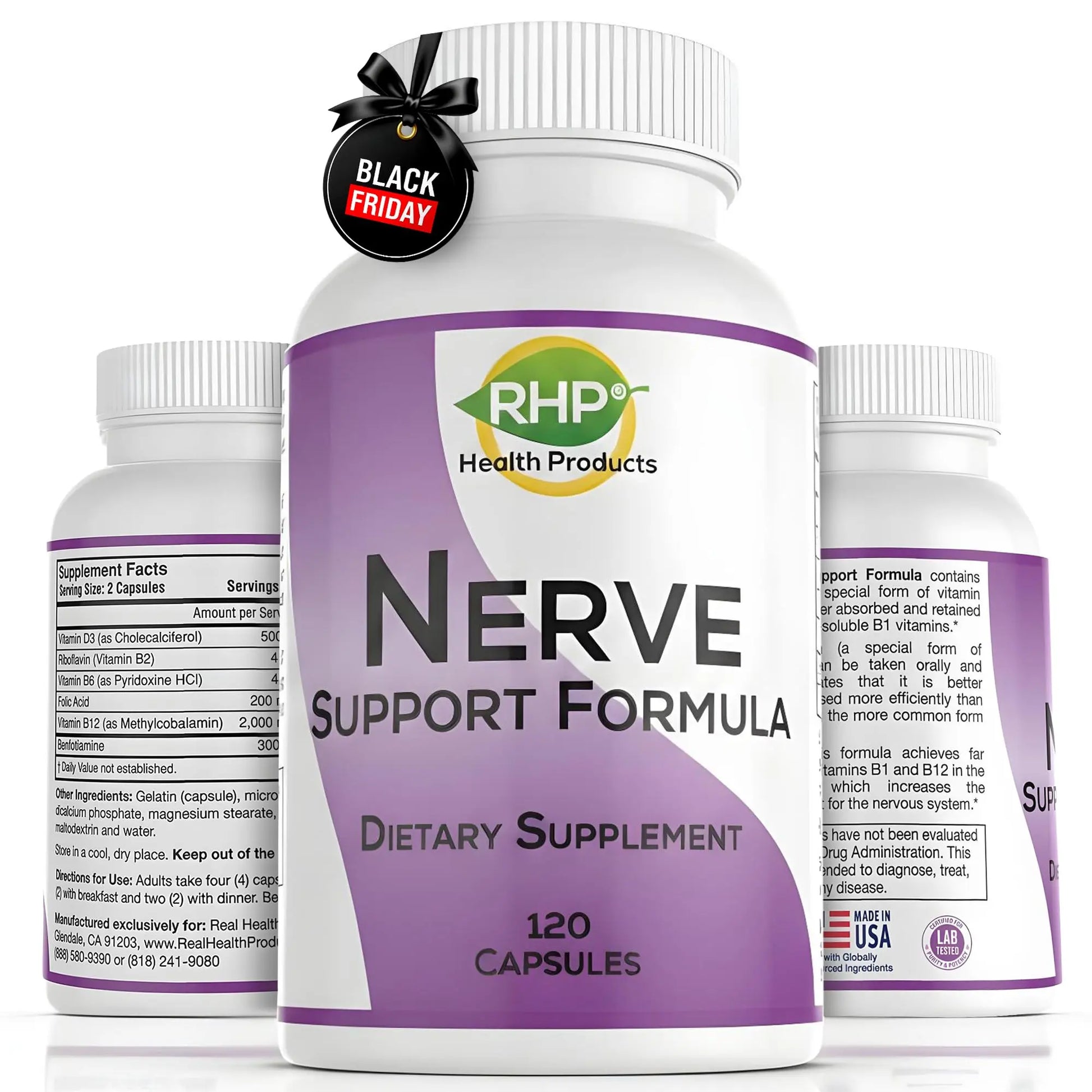 RHP Nerve Support Formula. Nutritional Support of Neuropathy, Nerve Relief from Aches, Nerve Pain & Discomfort. B-Complex with Benfotiamine and Methyl B12. 120 Capsules RHP uk supplements