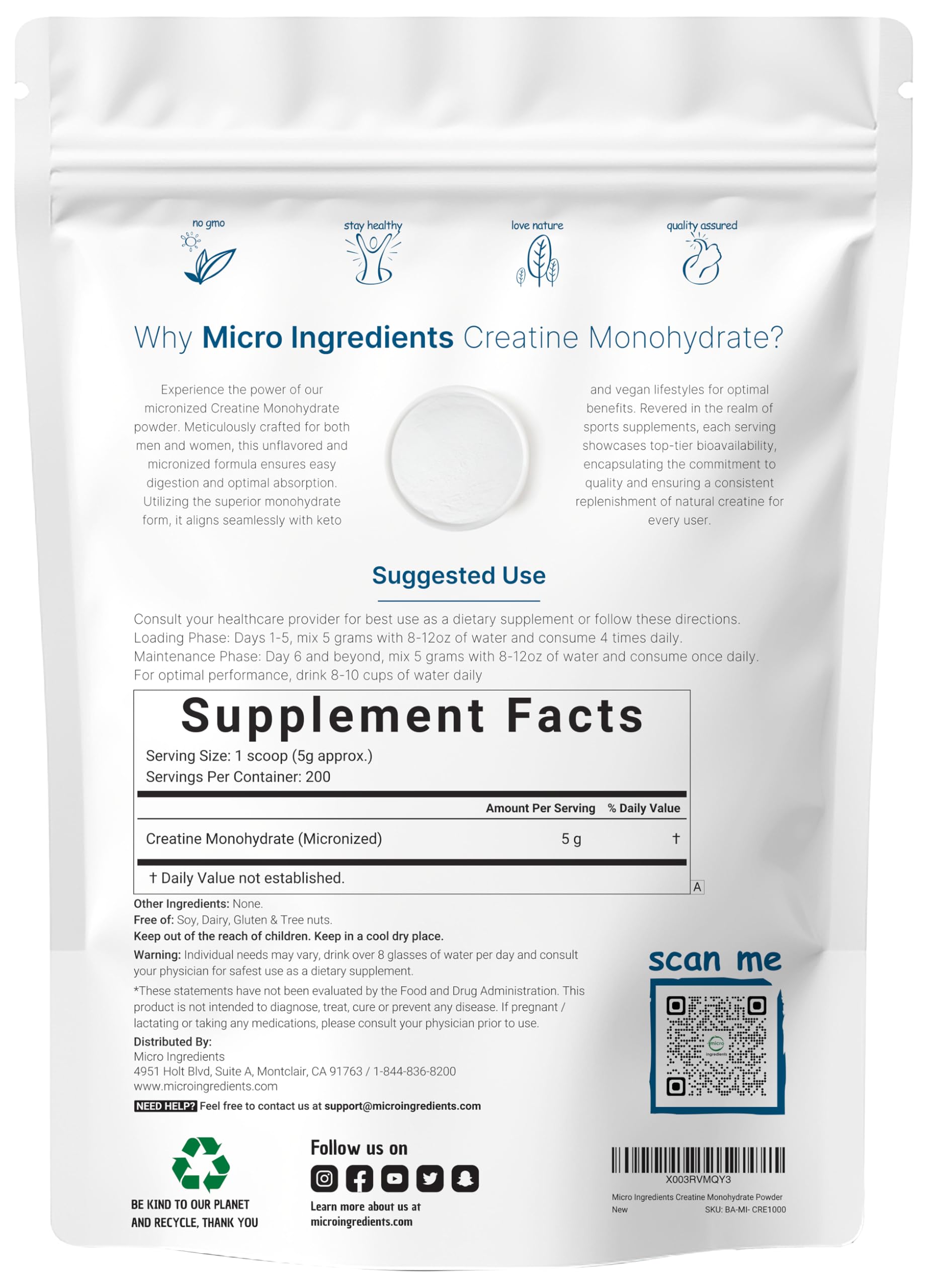 Creatine Monohydrate Powder 1 kg (2.2 Lbs), 5000mg Per Serv, Micronized Creatine Powder, Unflavored, Pure, No Filler, Keto & Vegan Friendly, Easy Dissolve Pre Workout Creatine for Women and Men Micro Ingredients uk supplements