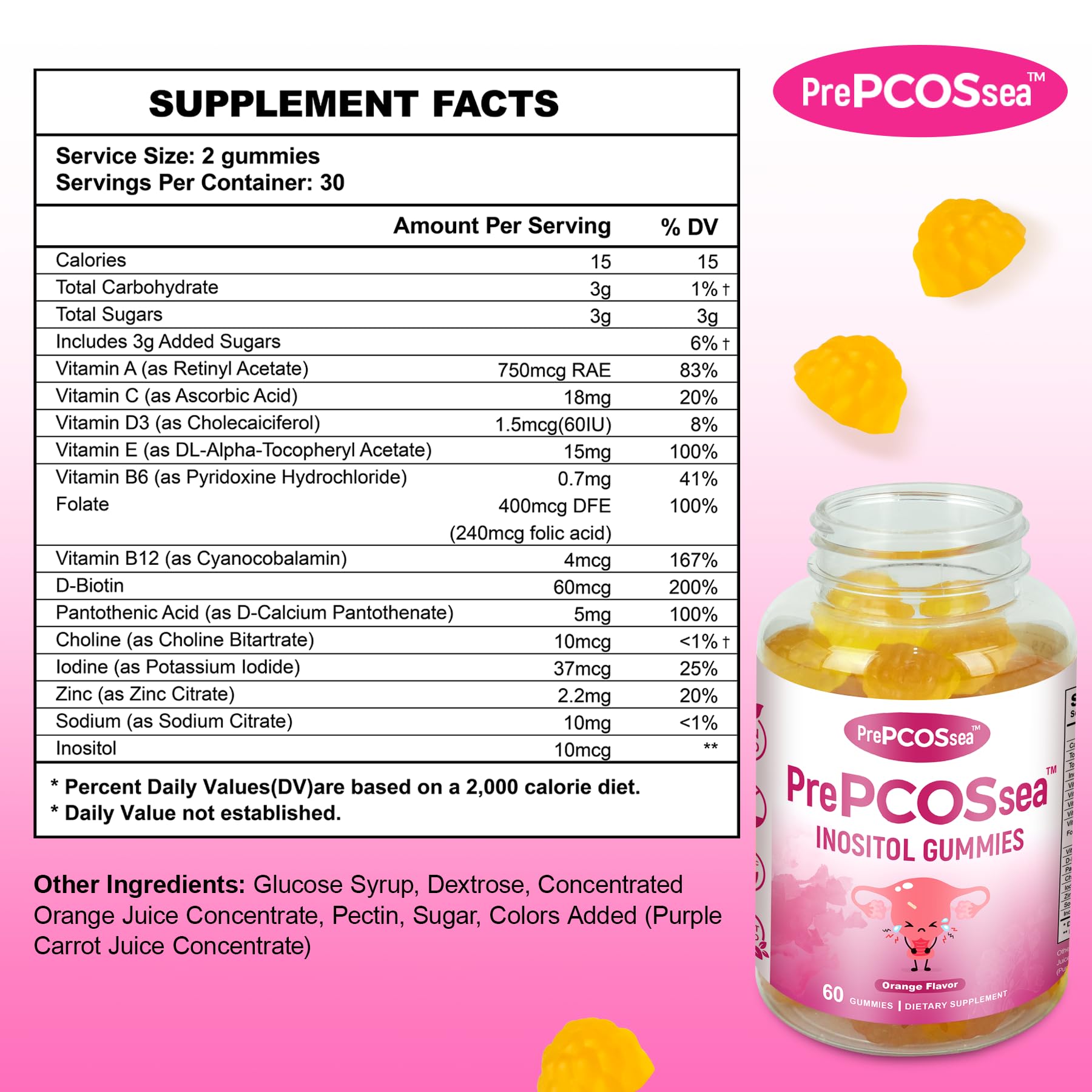 Feelherbs PrePCOSsea Inositol Gummies Vitamins, 2 Pack Orange Flavor Myo-Inositol Vitamin Gummies with Folate, B6, B12 & D-Biotin, 60 Count Soft Chews Feelherbs uk supplements